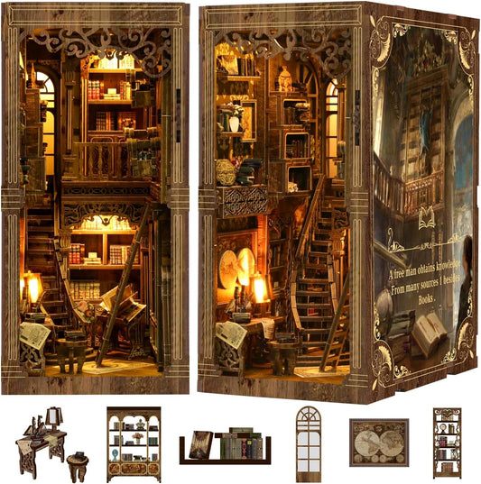 Book Nook Kits for Adult, DIY Miniature House Kit 3D Wooden Puzzles Miniature House Booknooks Dollhouse Bookend Bookshelf Insert Decor with LED Light Gift - Ancient Book Collection Room