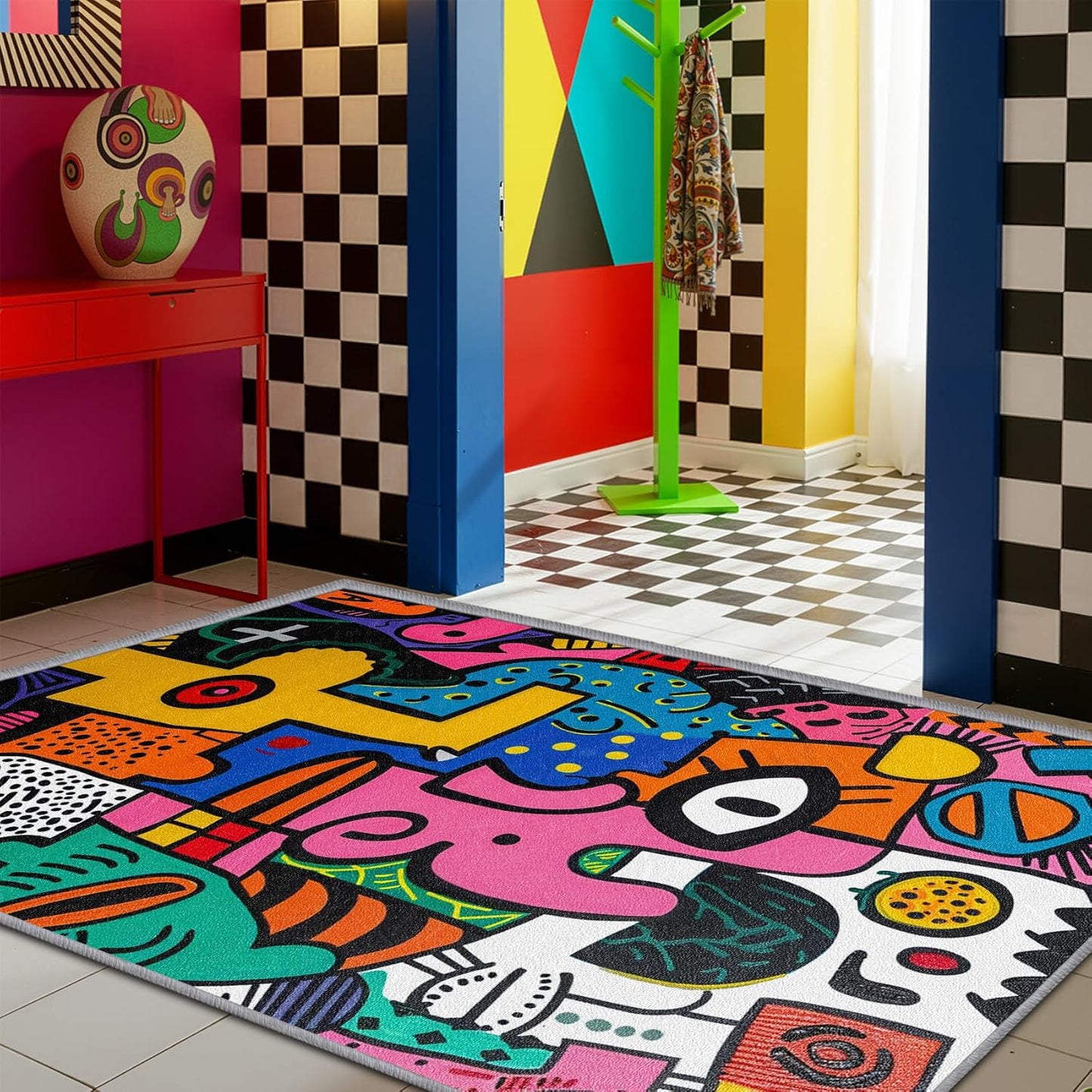 Abstract Rug 5x7-2x3 Rug - Abstract Rug - Colorful Pop Art Area Rug - Modern Geometric Graffiti Rugs - Multicolor Artistic Carpet - Home Decor