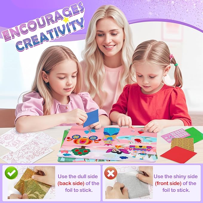Foil Arts and Crafts for Kids Ages 4-8, No Mess Princess Fun Foil Art Craft Supplies Kits, DIY Creative Activity Coloring Books,Christmas Stocking Stuffers,Gifts for 4 5 6 7 8 9 10 Year Old Girls Boys