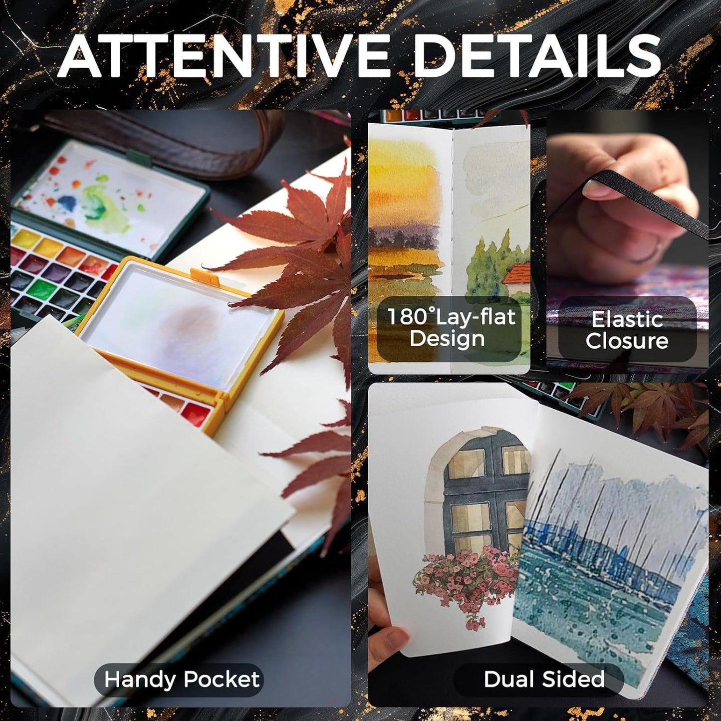 Funto Watercolor Journal, 6.3x6.3, 2 Pack, 24 Sheets Each, 100% Cotton Cold Press, 300gsm/140lb, Inner Paper Pocket, Art Supplies for Mixed Media