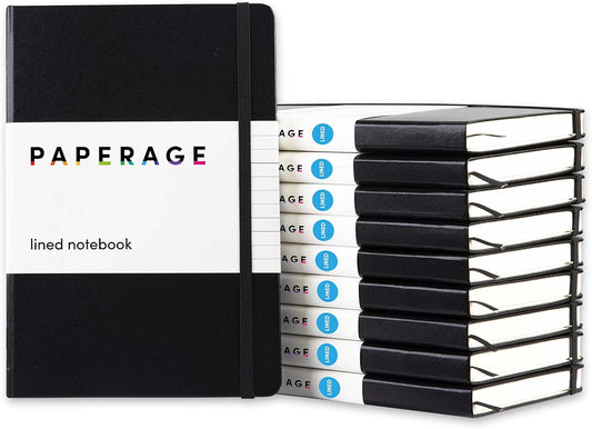 PAPERAGE Lined Journal Notebook, 10 Pack, (Black), 160 Pages, Medium 5.6 in x 8 in - 100 GSM Thick Paper – Hardcover Journaling Notebook for Work, School & Note Taking