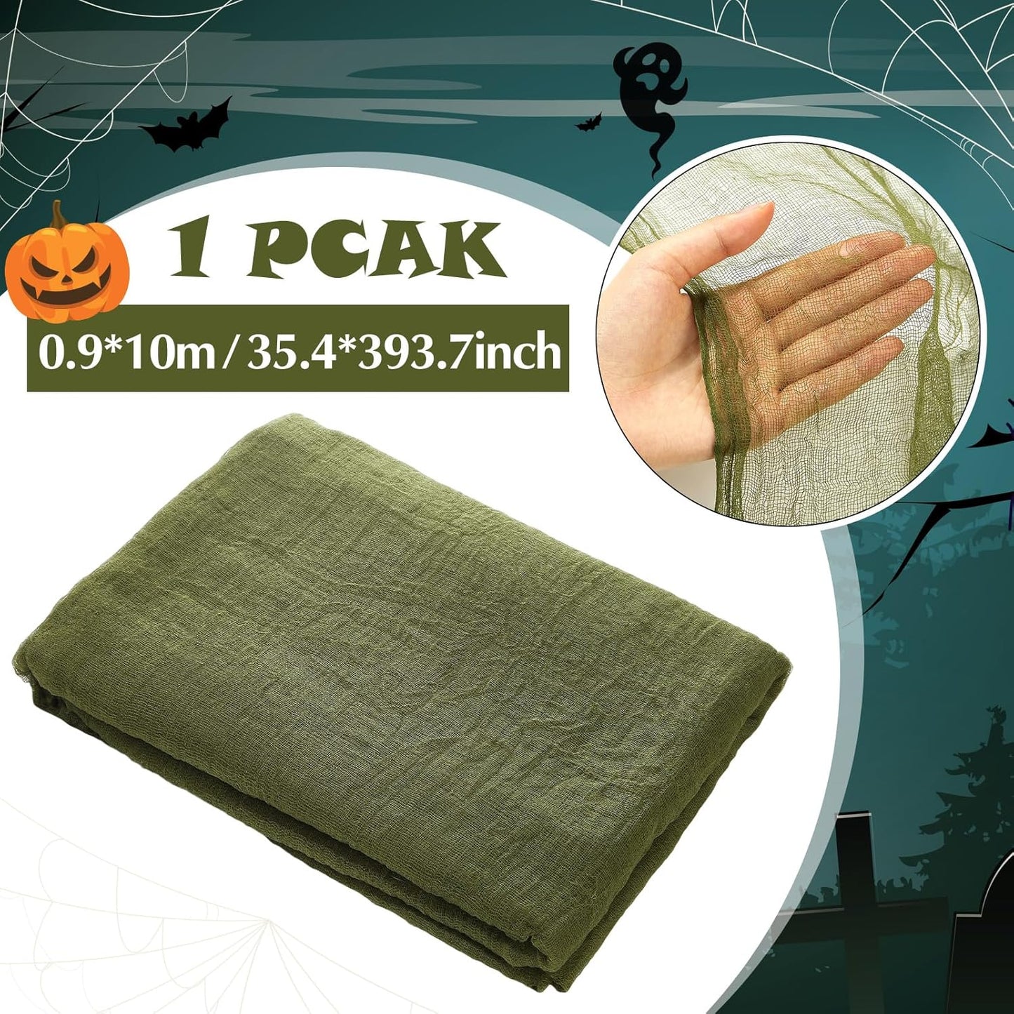 Boao Halloween Cheese cloth 35.43 x 393.7 Inch Military Green Cheesecloth Roll for Crafts Large Cotton Muslin Gauze Fabric for Halloween Outdoor & Indoor Spooky Decoration
