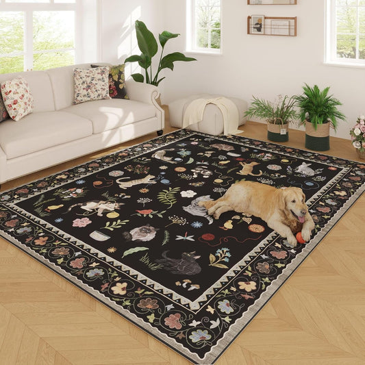 Rugcomf Living Room Rug 6x9 Rug Machine Washable Boho Area Rug Non Slip Floral Animal Cat Vintage Low Pile Large Rug for Living Room Bedroom Farmhouse Dining Room Kids Playroom, Black