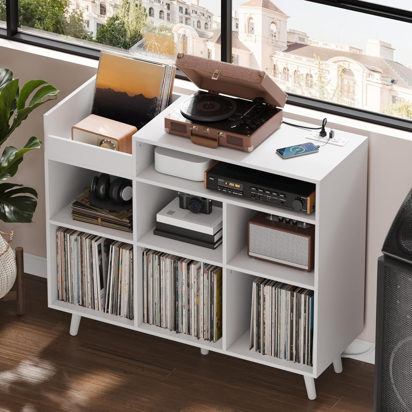 Cozy Castle Large Record Player Stand, Vinyl Storage Cabinet Mid Century Modern Turntable Stand Media Console Table Open Shelf Cube CD Album Holder Organizer for Living Room, Office, White