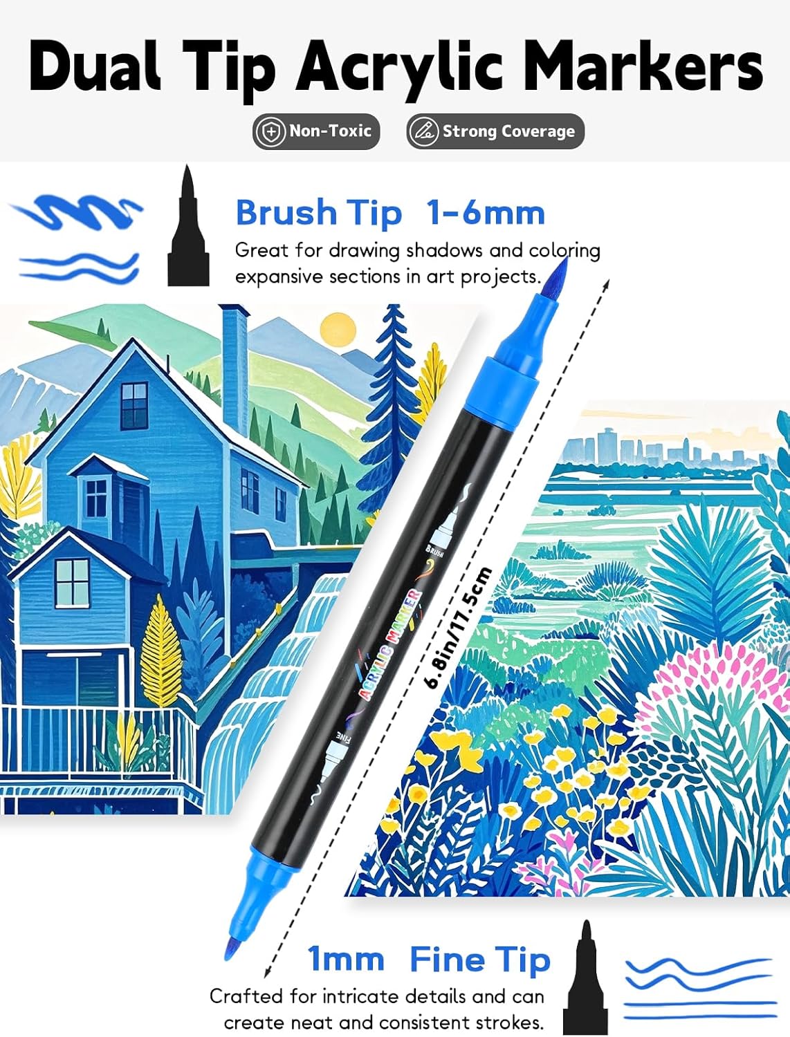 60 Colors Acrylic Paint Markers, Dual Tip Acrylic Paint Pens with Brush and Fine Tips for Kids, Adults, Wood, Canvas, Stone, Rock Painting, Glass, Ceramic Surfaces, DIY Crafts Making