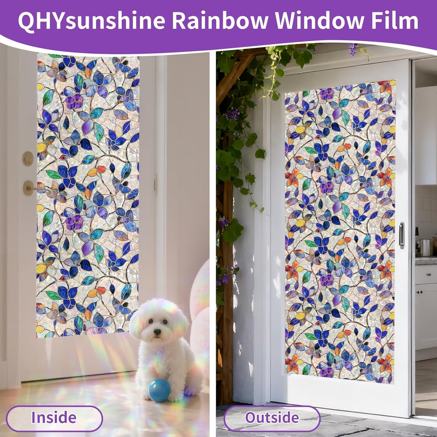 Stained Glass Window Privacy Film Decorative Rainbow Static Clings – Ideal for Home & Office, Adhesive-Free, Removable, UV-Blocking (Purple Rainbow, 35.4 X 78.7 in)