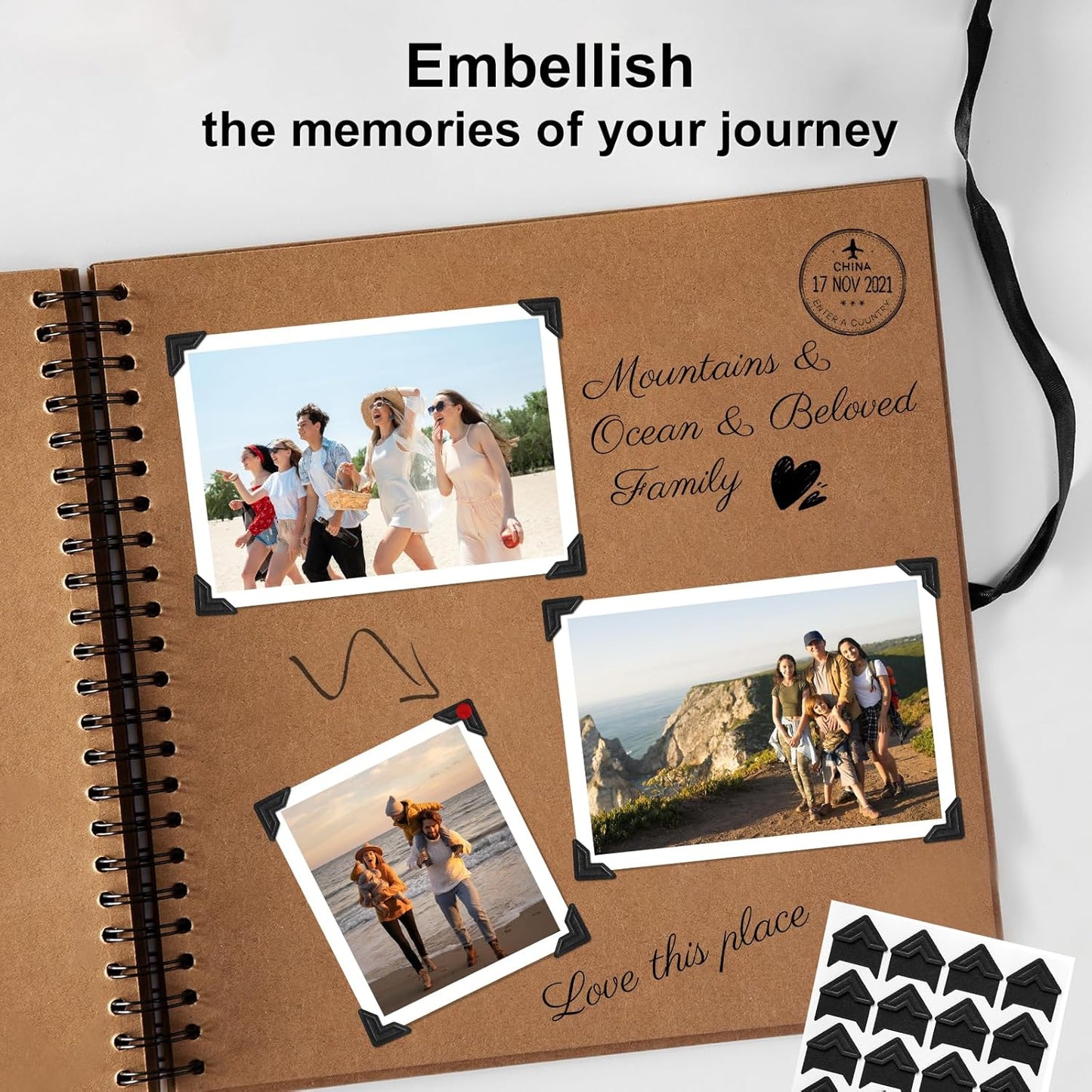 CHIALLCO Acid Free Photo Corners Self-Adhesive, 120 Pcs Premium Photo Corners for Scrapbooking, Black Photo Picture Mounting Corners for Photo Album, DIY Scrapbook Stickers, Memory Books, Diary