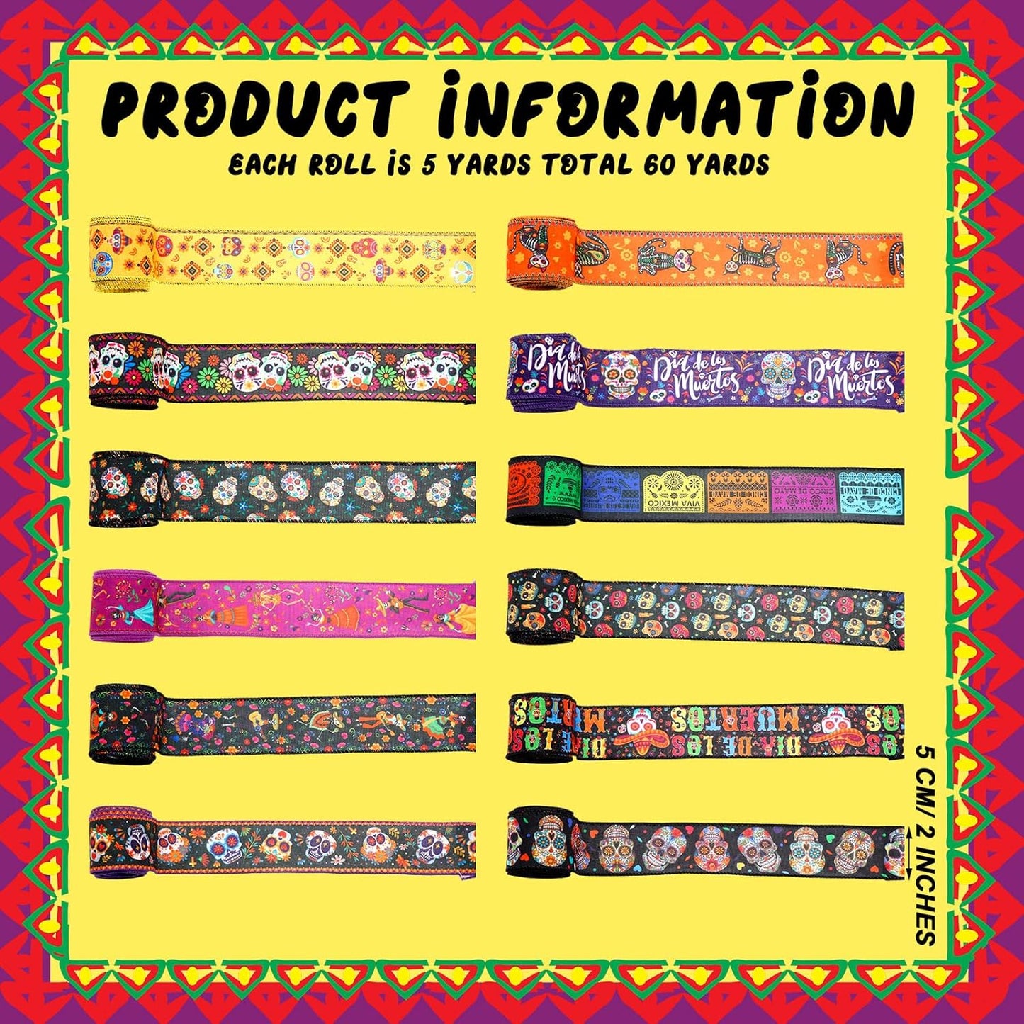 12 Rolls 60 Yards Day of The Dead Wired Edge Ribbons Black Purple Sugar Skull Flower Burlap Ribbon Dia De Los Meurtos Ribbon for Halloween Party DIY Craft Wreath Decor