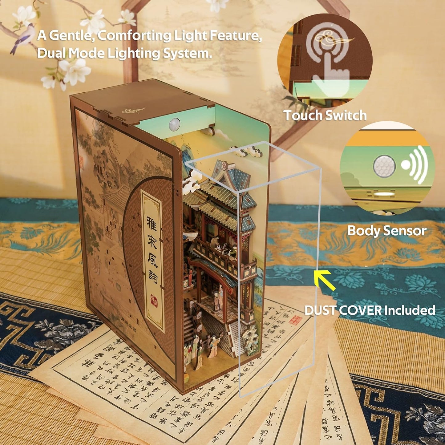 Tonecheer DIY Book Nook Kit for Adults, Wooden 3D Puzzle Bookend Bookshelf Insert Decor, Chinese Booknook Miniature House Kit with Dust Cover and Body Motion Sensor LED (Song Dynasty Culture)