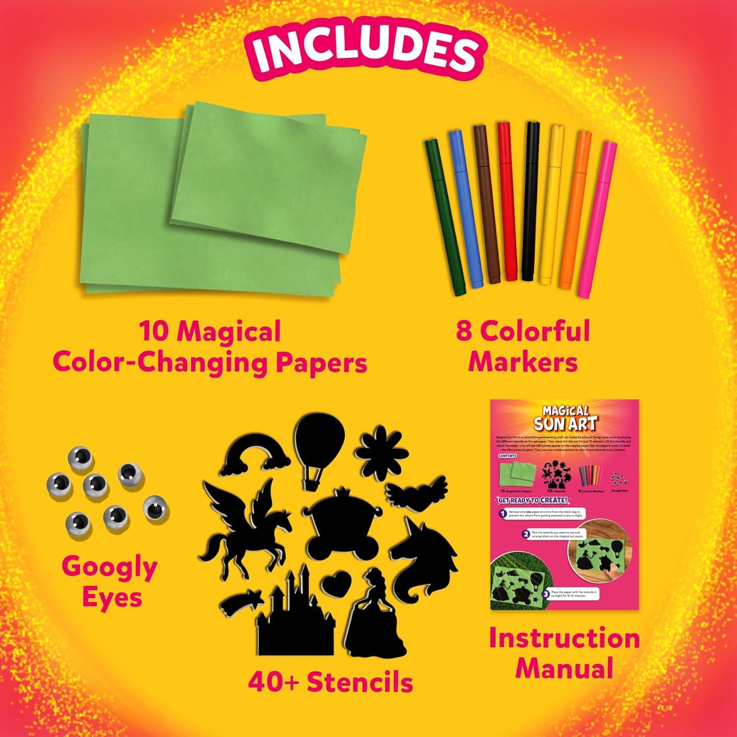 Skillmatics Sun Paper Art Kit - STEM Craft Kit for Kids with Decorative Paper, Stencils & Markers, Unicorn & Princess Designs, Mess-Free Indoor Fun, Gifts for Girls Ages 4, 5, 6, 7, 8, 9, 10, 11, 12