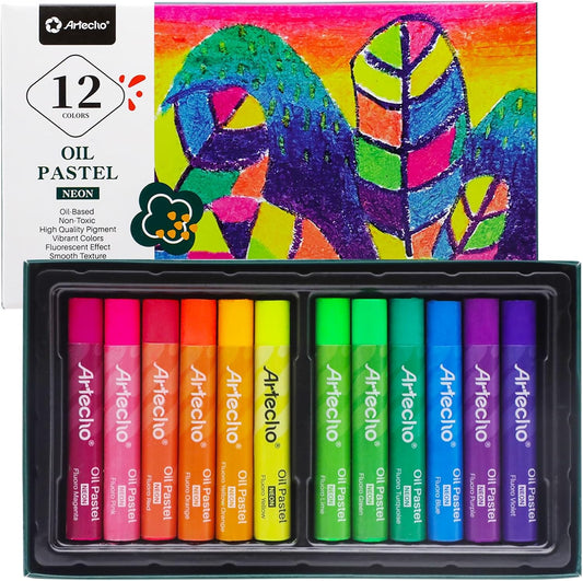 Artecho Neon Oil Pastels Set of 12 Colors, Soft Oil Pastels for Art Painting, Drawing, Blending (10 x 70 mm)