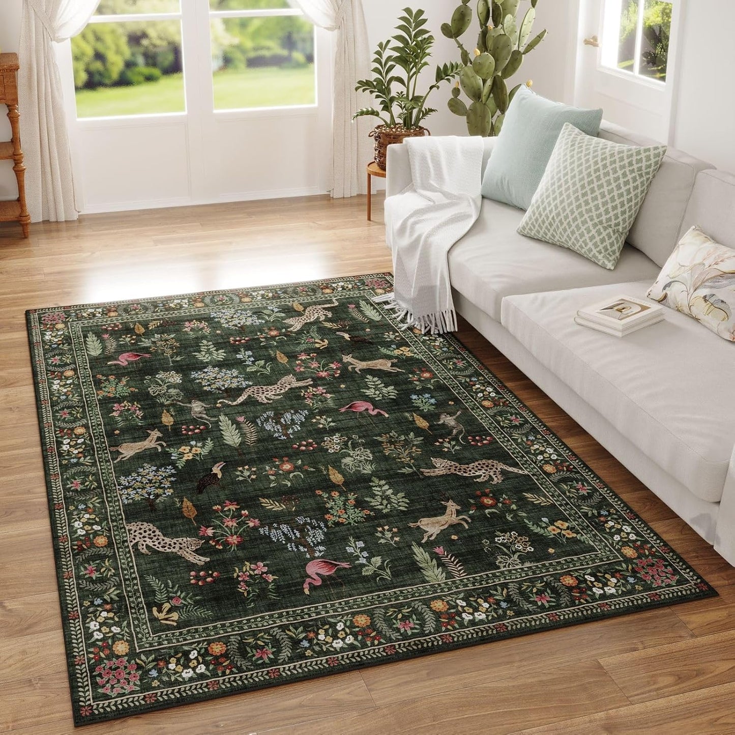 Rugcomf Area Rug 4x6 Rug Washable Boho Rugs Non Slip Low Pile Floral Animal Small Carpet for Bedroom, Bedside, Kids Room, Office, Dining Room (Green)