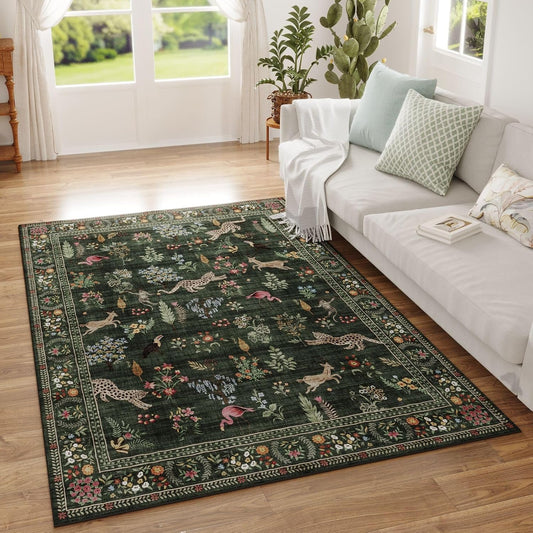 Rugcomf Area Rug 4x6 Rug Washable Boho Rugs Non Slip Low Pile Floral Animal Small Carpet for Bedroom, Bedside, Kids Room, Office, Dining Room (Green)