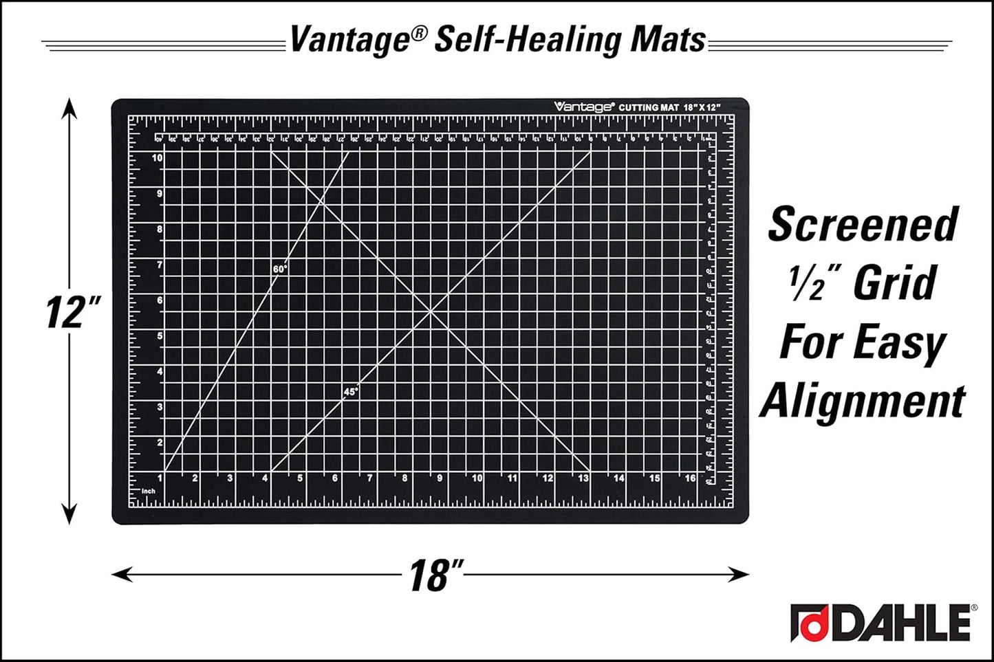 Dahle Vantage 10671 Premium Self-Healing Cutting Mat, 12"x18", 1/2" Grid, 5 Layers for Max Healing, Perfect for Crafts & Sewing, Black