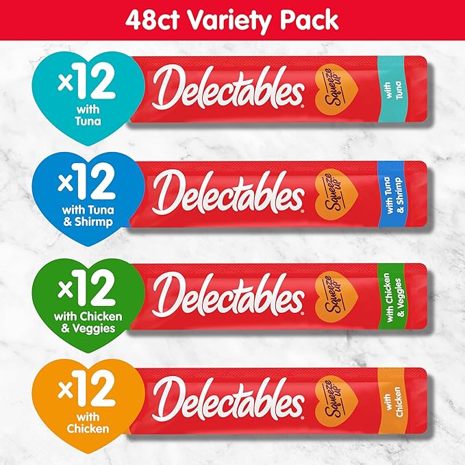 Hartz Delectables Squeeze Up Variety Pack, Creamy Squeezable Puree, Lickable Wet Cat Treats, Grain Free, No Added Fillers, No by-Products, No Added Preservatives, 0.5 Ounces Tube, 48 Tubes Total