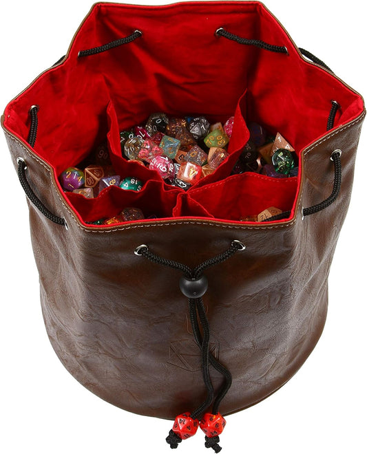 Forged Dice Co. Pouch of The Endless Hoard Dice Bag - Holds Over 1,000 Polyhedral Dice - Dice Storage Bag with 7 Pockets - Perfect for Bulk Dice - Brown/Red