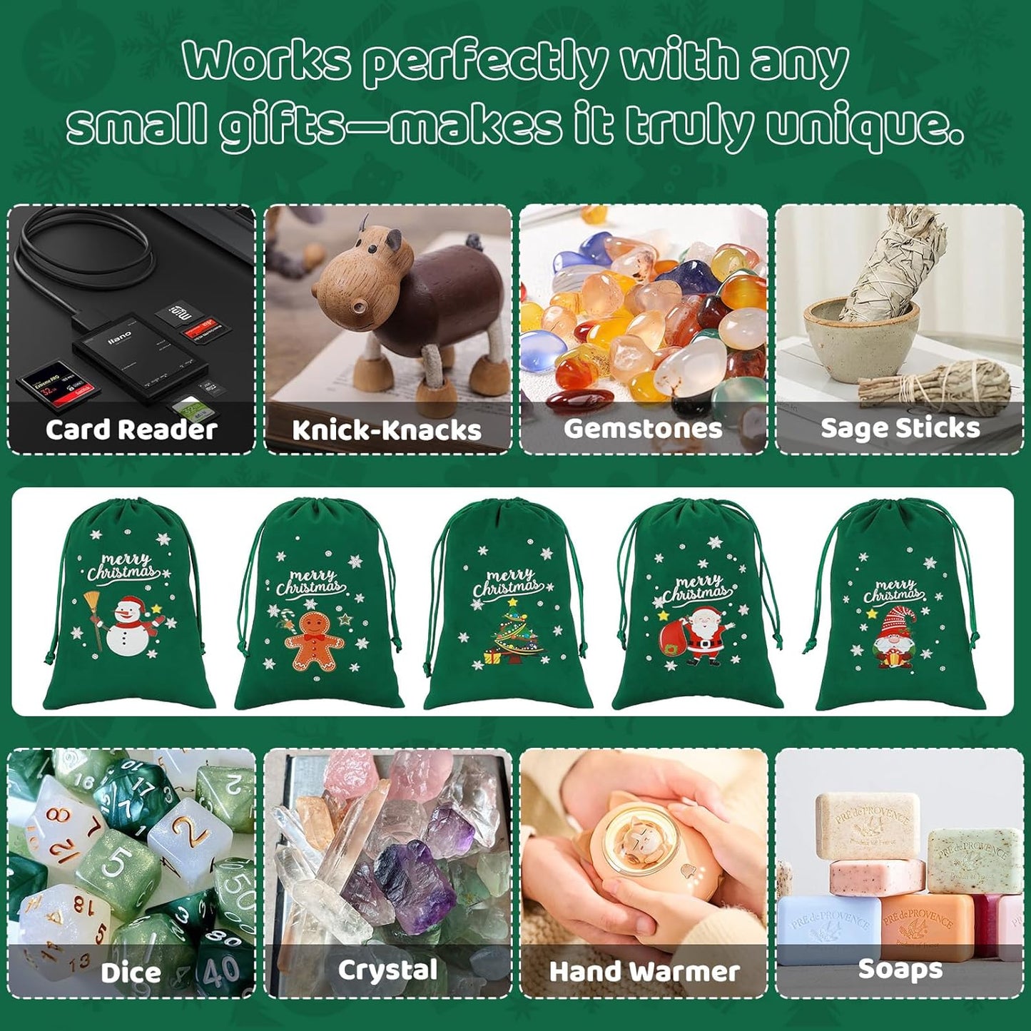 Tapleap Coth Christmas Bags with Drawstring - 50Pcs 5x7 Green Velvet for Wrapping Christmas Party Favors or Gifts for Friends, Children, Coworkers, Small Bussiness Products