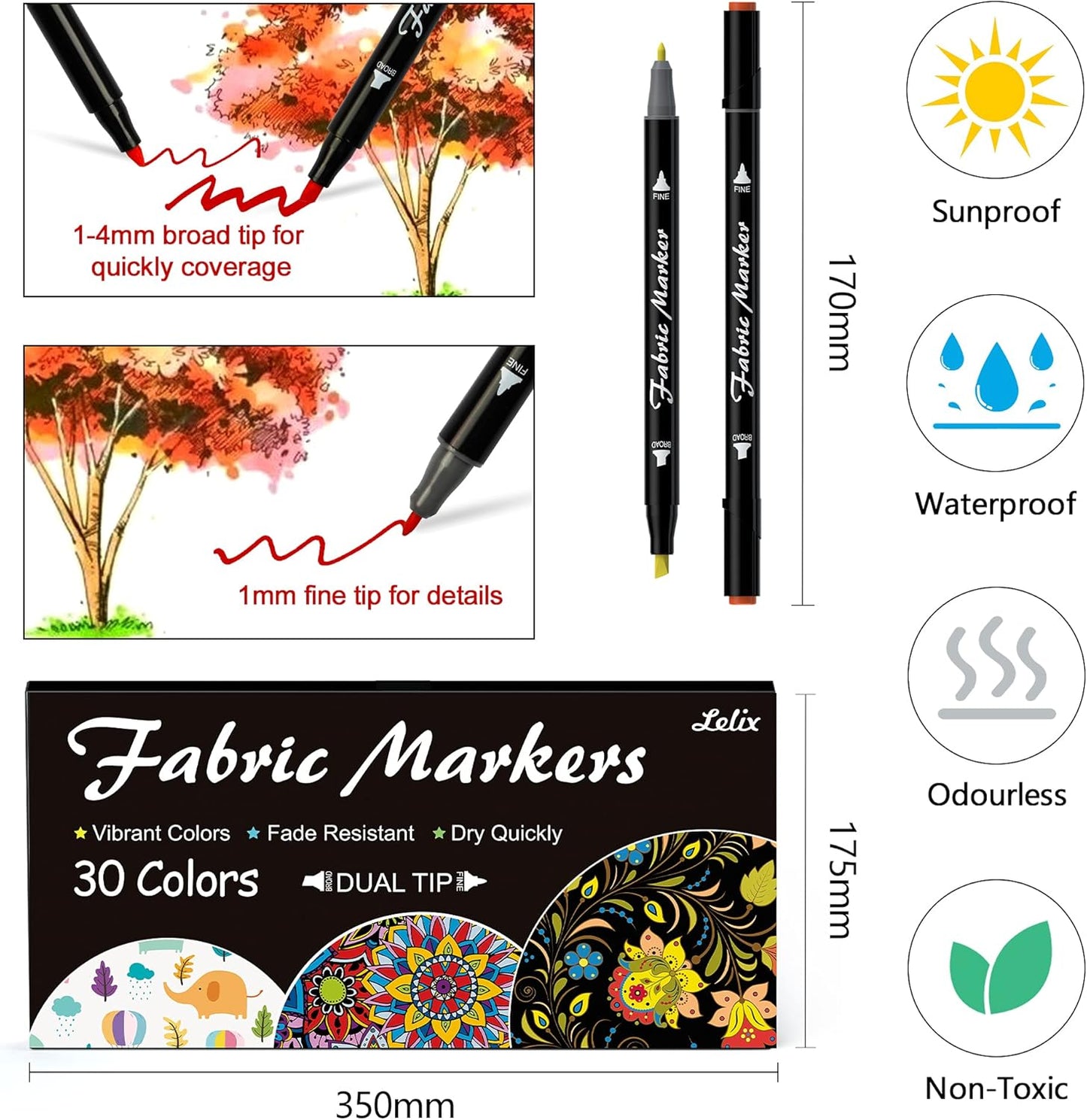 Lelix Fabric Markers, 30 Permanent Colors Dual Tip Fabric Pens for Writing Painting on T-Shirts Clothes Sneakers Canvas Pillowcases, Child Safe & Non-Toxic for Kids Adults