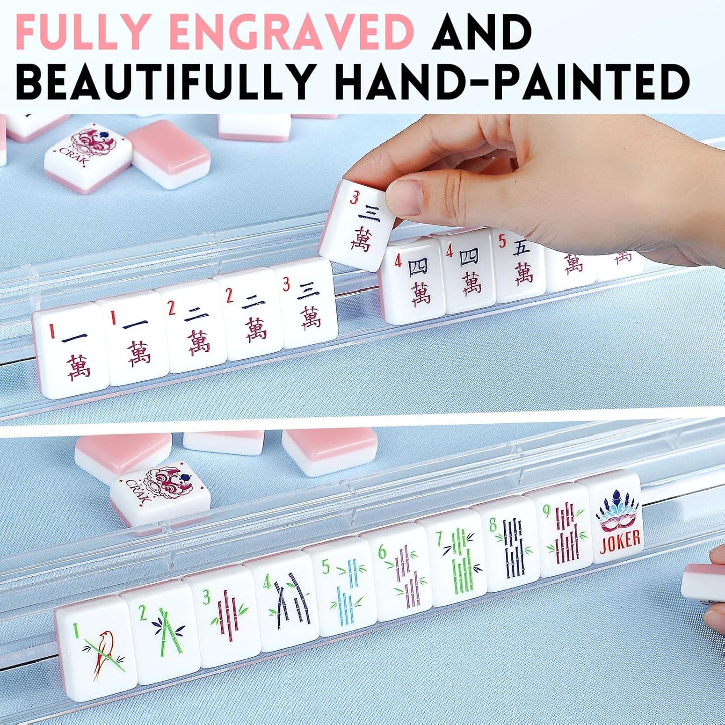 American Mahjong Tile Set,166 Tiles White Pink Acrylic Carving Tiles,Mahjong Game Set with Portable Travel case(Racks Not Included)