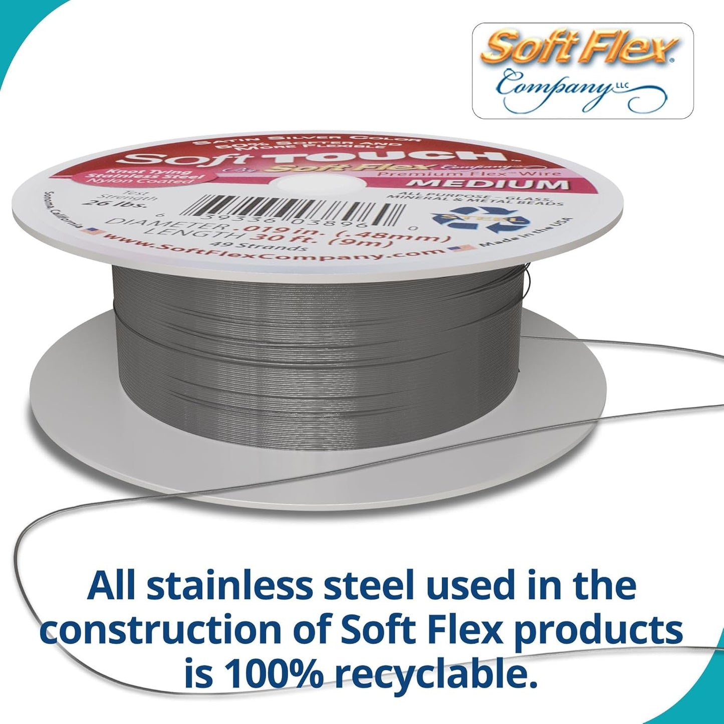Soft Flex 49 Strand Stringing Wire - Flexible Braided - Medium 0.19 Diameter - Jewelry Making Bead Wire - Satin Silver