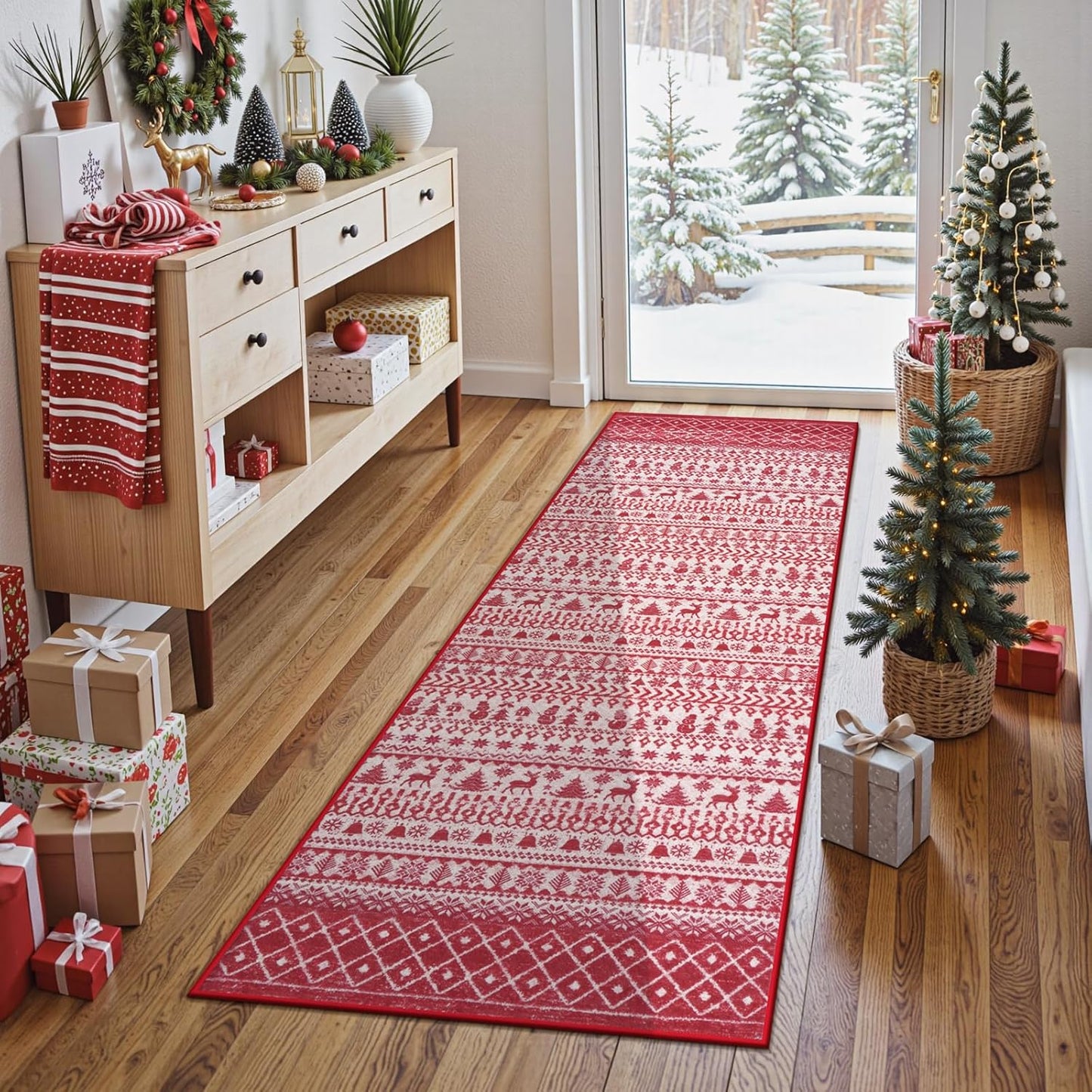 Christmas Runner Rug, 2x6 Red Christmas Kitchen Runner Rug, Non-Slip Washable Indoor Door Mat, Winter Xmas Holiday Floor Decor Carpet Runners for Hallways Bedroom Laundry Room