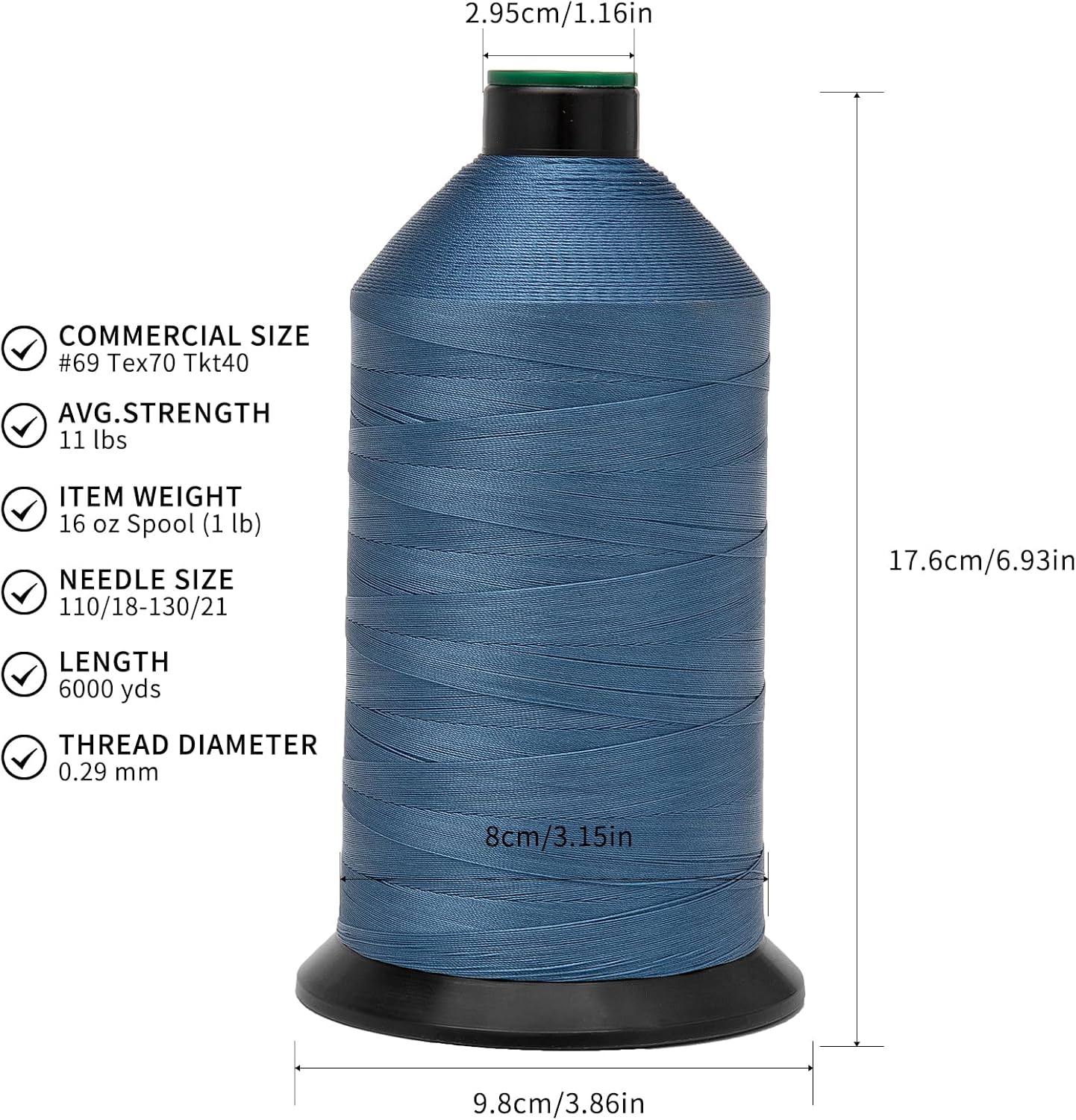 Extra Strong Bonded Nylon Thread #69 Tex70 – 16 OZ, 6000yds, Versatile Stitching Solution for Leather, Upholstery, Canvas Repair and More (Indigo)