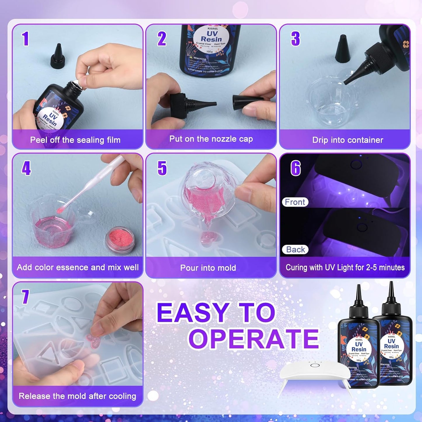 KISREL UV Resin with Light - 200g Upgraded Hard Type Crystal Clear Ultraviolet Curing UV Resin Kit, 8 Lamp Beads UV Light, Resin Kit with Light for Craft Jewelry Making