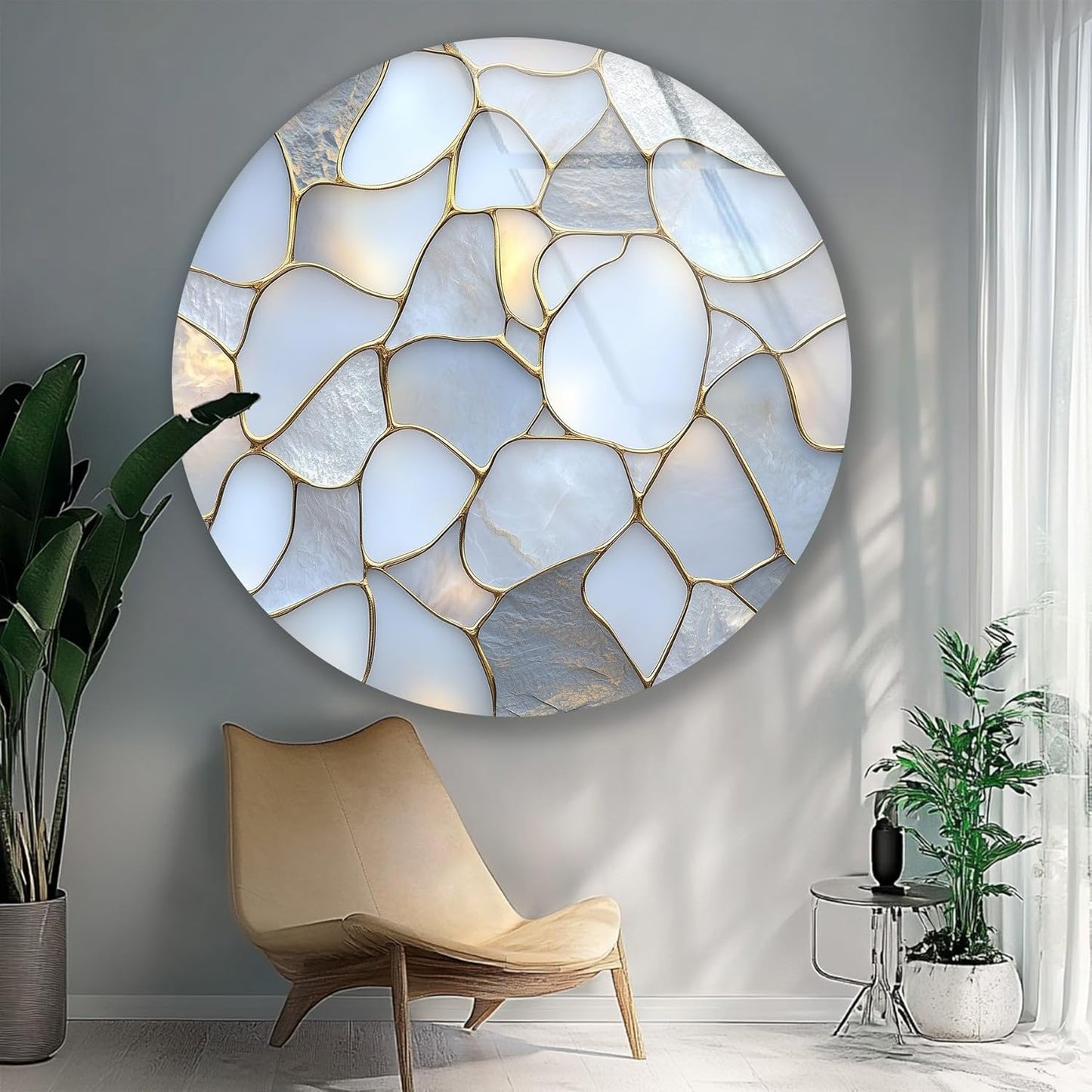 My Photostation.com 39,4''(100cm) Diameter White Stone Mosaic Round Glass Wall Art Tempered Glass Printing Wall Decor Large Wall Art Wall Hangings