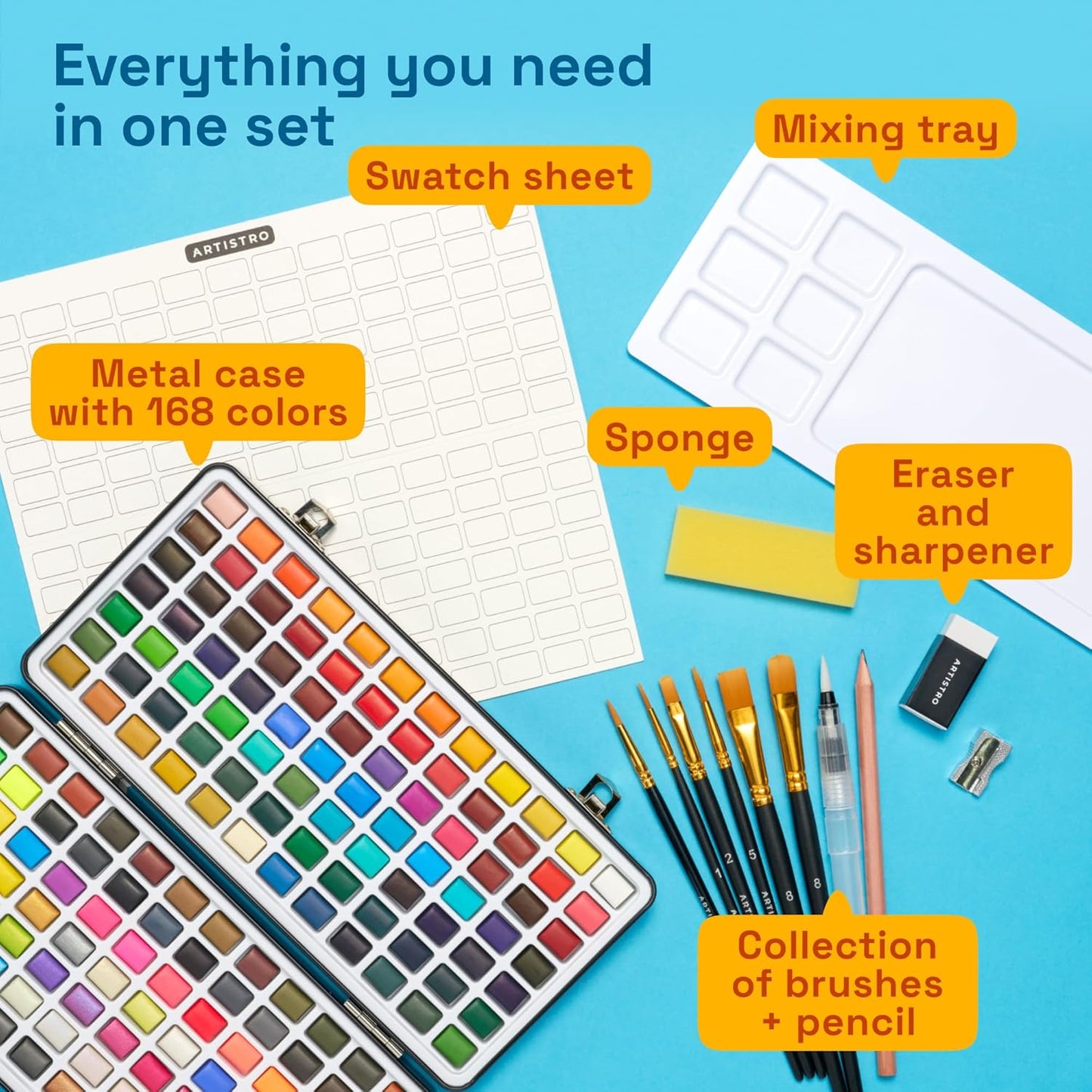 ARTISTRO 168 Watercolor Paint Set, Vivid Colors in Portable Box, Palette set. Perfect Travel Watercolor Set for Artists, Amateur Hobbyists and Painting