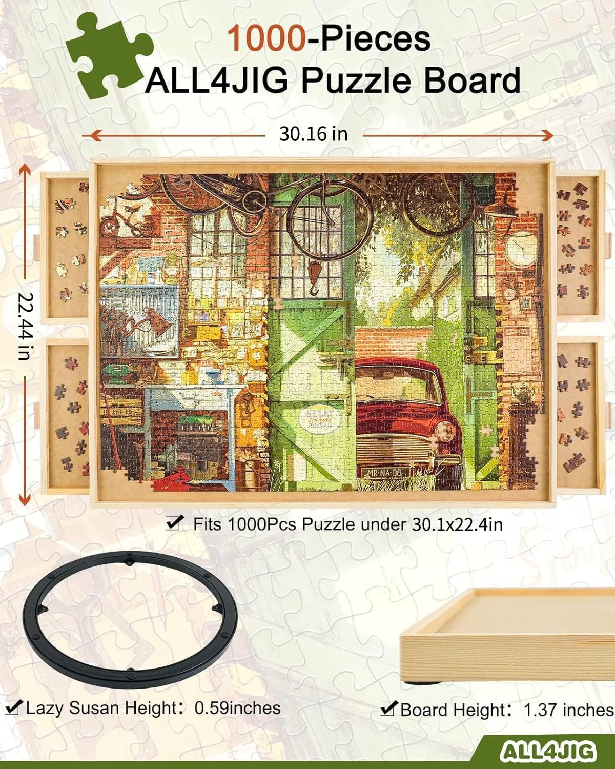 ALL4JIG 1000 Piece Rotating Puzzle Board with Drawers 22"x30"Portable Wooden Jigsaw Puzzle Table for Adults Portable,Lazy Susan Spinning Puzzle Boards Birthday Gift for mom