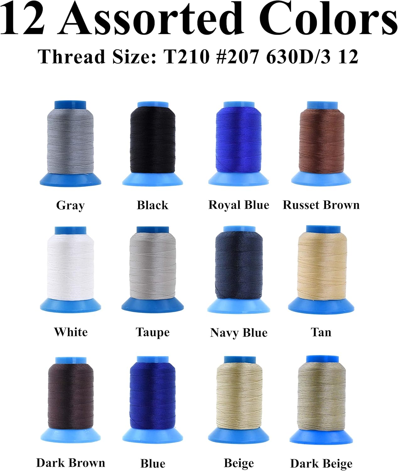 Mandala Crafts Bonded Nylon Thread 12 Neutral Colors Heavy Duty Sewing Threads - 1080 YDs Size 207 630D T210 Tex 210 Thread for Leather Jeans Weaving Outdoor Marine Upholstery Threads