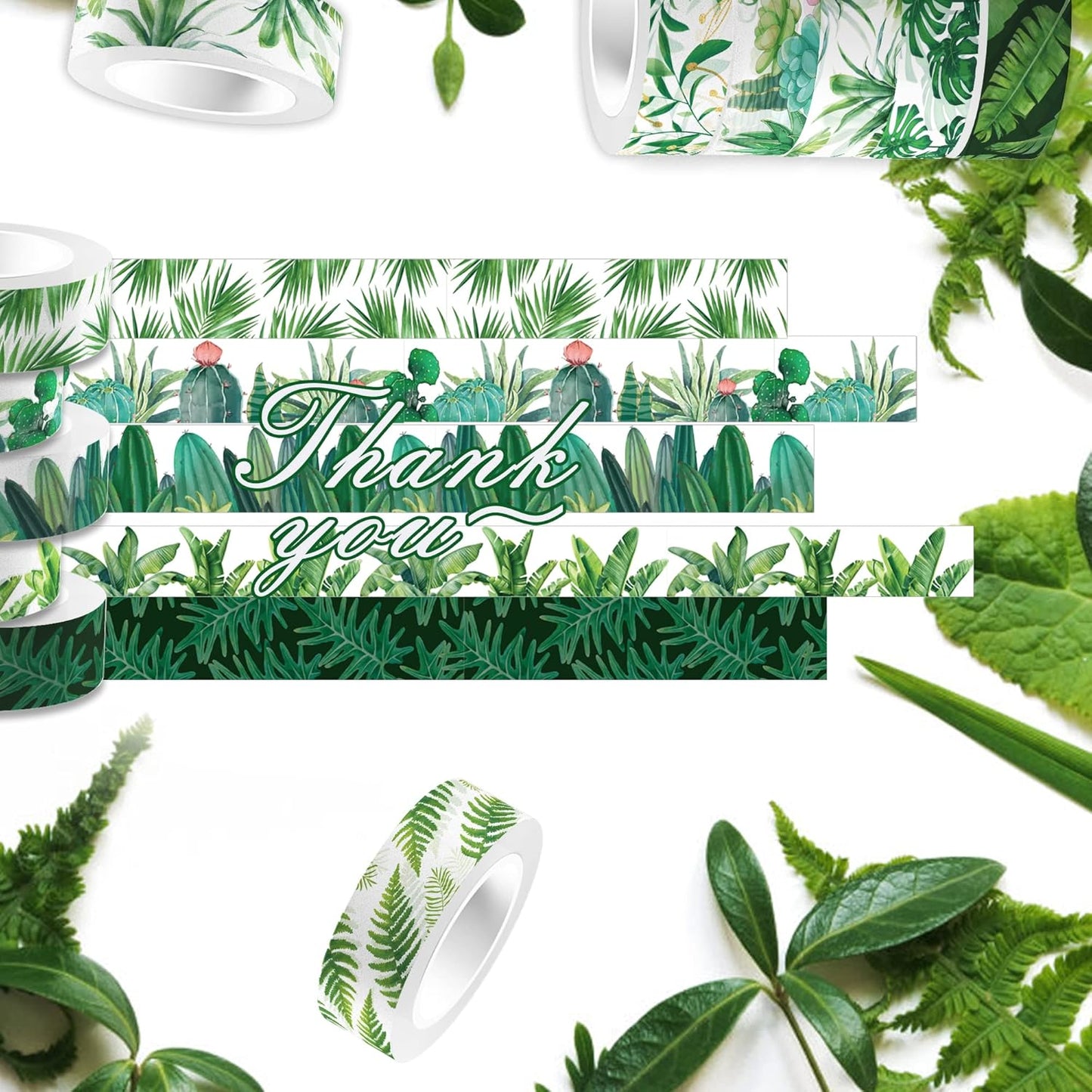 Greenery Washi Tape Set 12 Rolls, Tropical Leaves Masking Tape Hawaii Green Plants Cactus Summer Greenery Decorative Stickers for Note Scrapbook Handbook Sticker Gifts Wrapping DIY Art Crafts