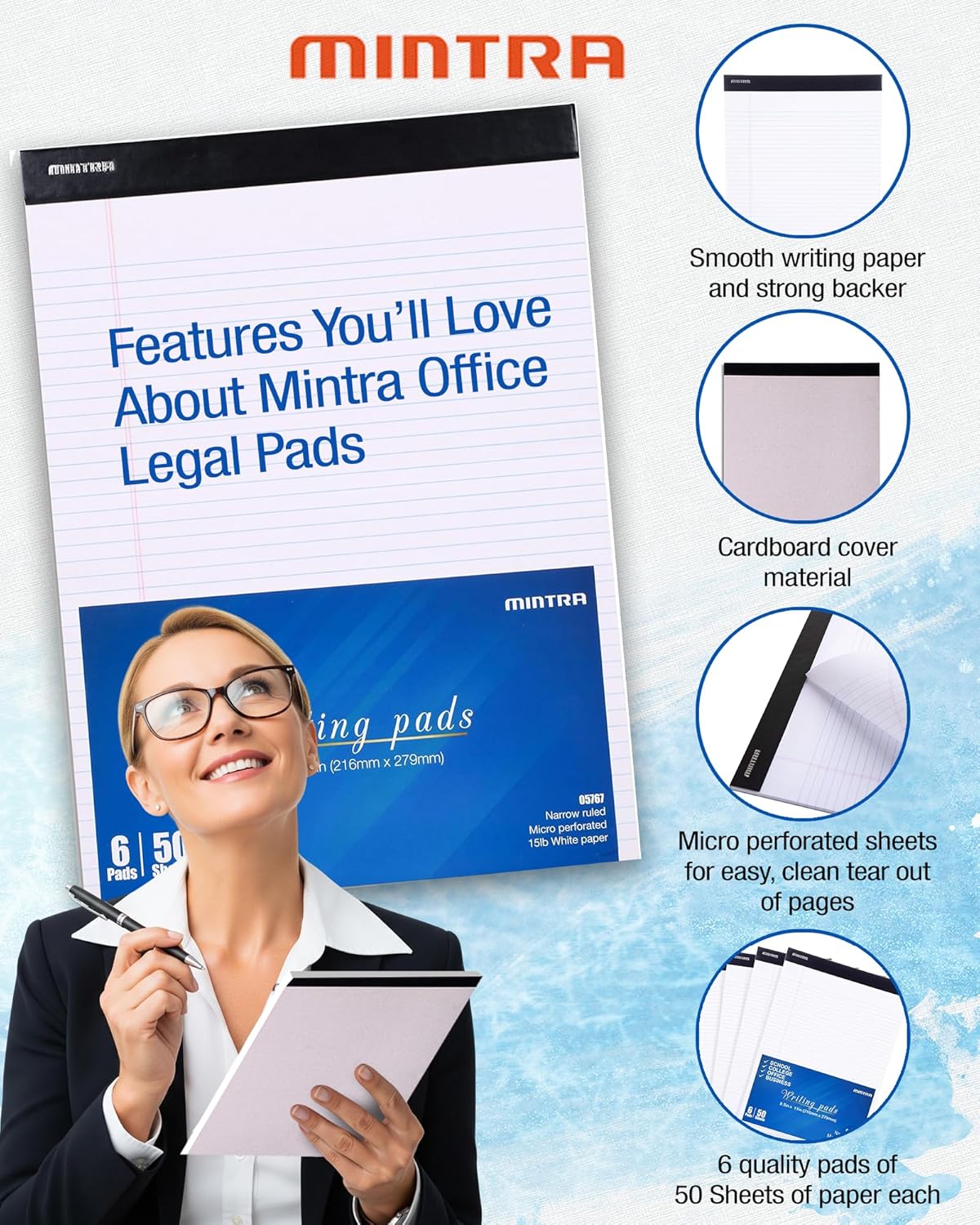 Mintra Office Legal Writing Pads – White Narrow Ruled Paper for Writing & Note-Taking – Ideal Notepads for Business, College, School & Office Use – 8.5" x 11" (6 Pack)