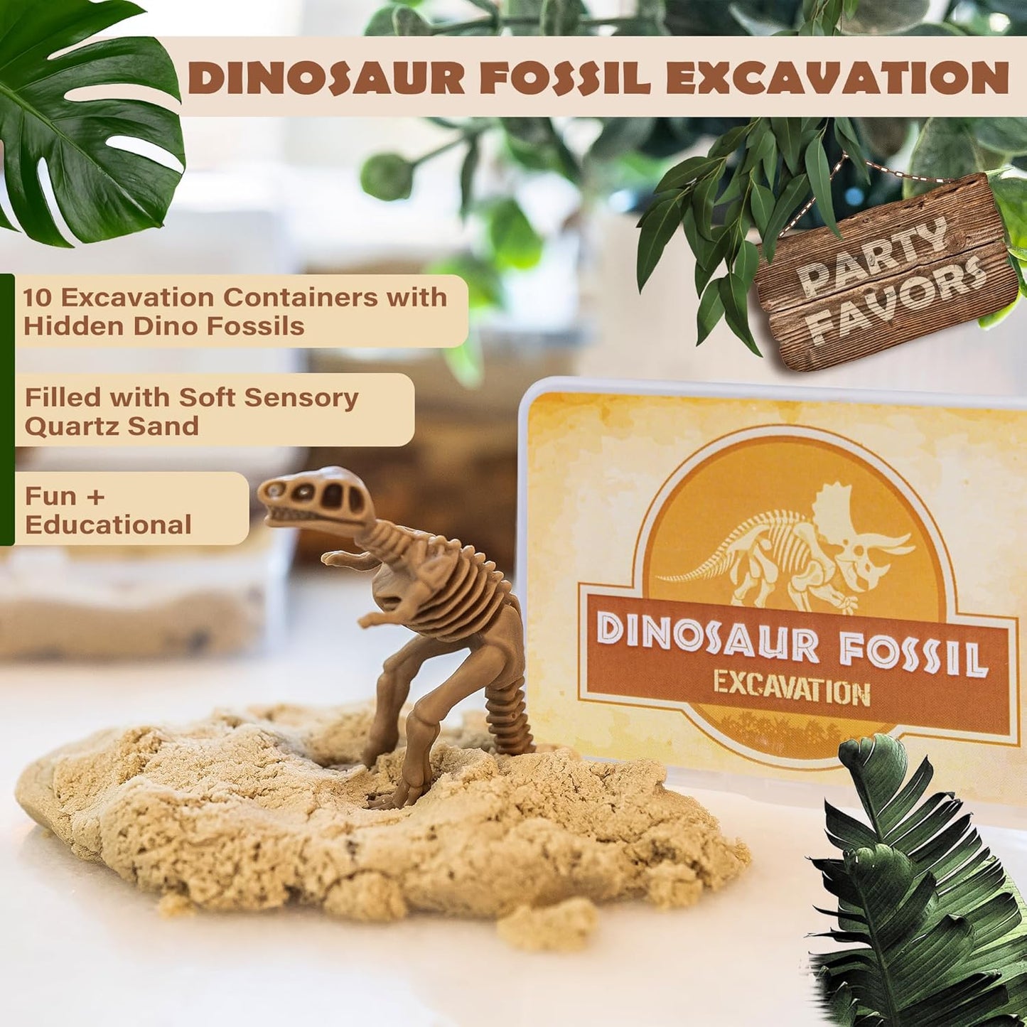 Dinosaur Party Favors for Kids Pack of 10 - Dinosaur Fossils & Quartz Sand Jars - Sensory Sand for Kids to Dig Up Dino Bones - Includes Customizable Dino Decorations, Cupcake Toppers & Labels