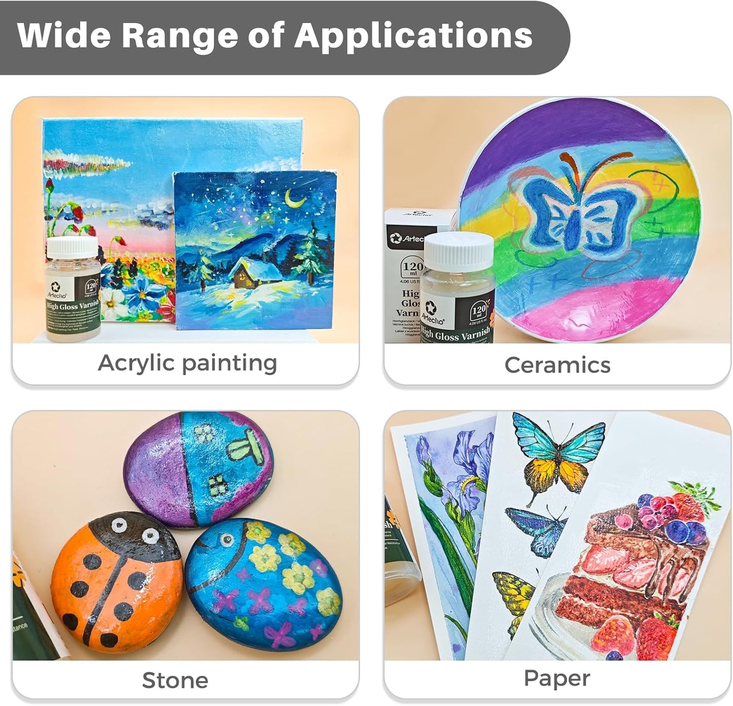 Artecho High Gloss Varnish 4oz / 120ml for Acrylic Painting, Wood, Clay, Canvas