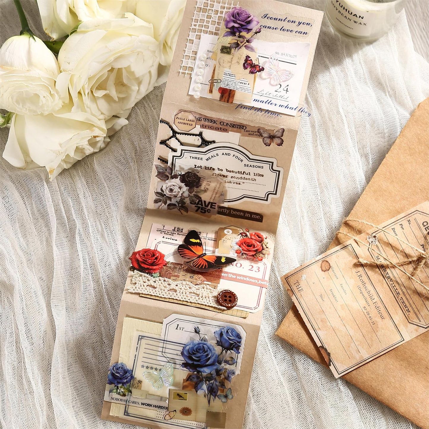 6Pcs Floral PET Tapes, Vintage Pre-Cut Tapes for Journaling, Scrapbooking, and Junk Journal Supplies, with Decorative Clip