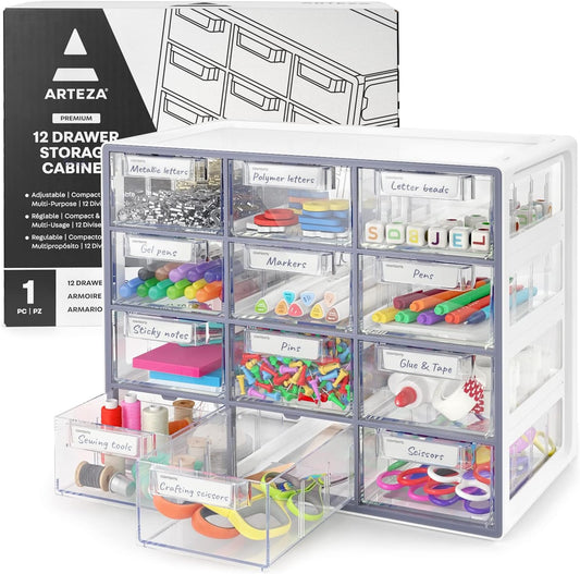 Arteza 12 Drawer Organizer and Storage Cabinet – Clear Plastic, Stackable Drawers for Makeup, Crafts, Sewing, Office Supplies, Small Parts & Tools