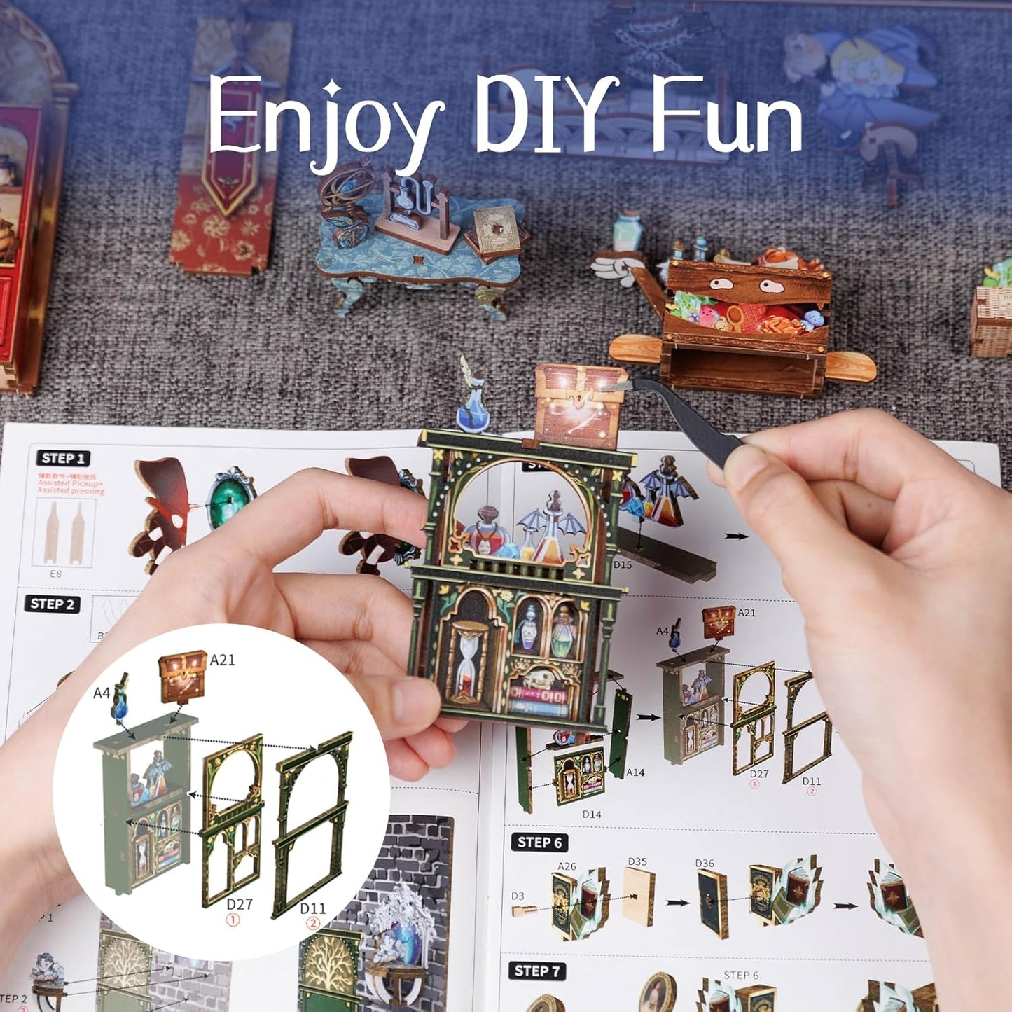 Cutefun 2Pcs Book Nook Kit, DIY 3D Wooden Puzzles for Adults and Teens, Bookends Decorative for Shelves Book Nook Kits for Adults, Bookshelf Decor Gifts for Friend (University of Miracle)