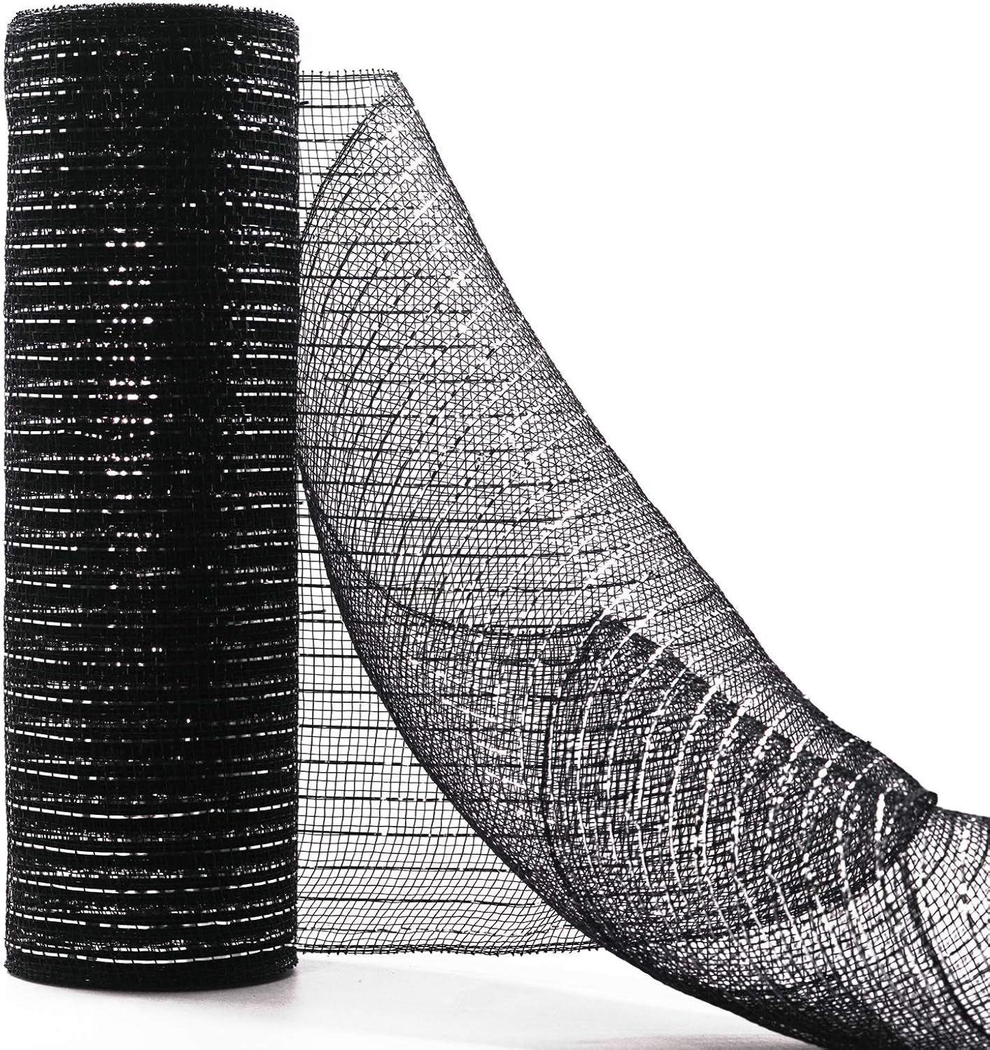 Koopi Deco Mesh 10 inch x 10 Yards Each Roll, Set of 2 Black Metallic Foil Poly Mesh Ribbons for Wreaths, Swags, Craft, Party and Decorating Supplies- 2 Rolls