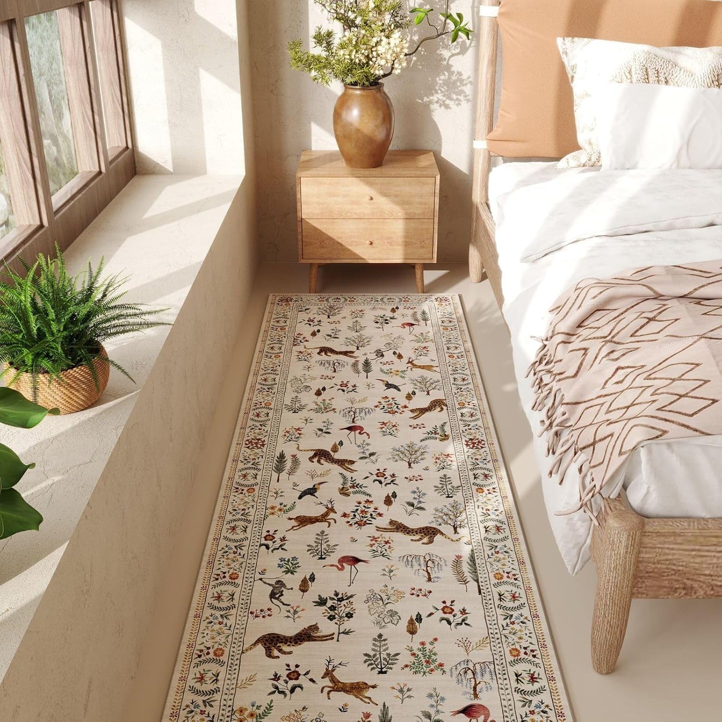 Rugcomf Runner Rug for Kitchen Non Slip 2'6''x8' Washable Rugs with Rubber Backing Soft Floral Animal Carpet Runner for Kitchen, Laundry, Bedroom, Bathroom (Beige)