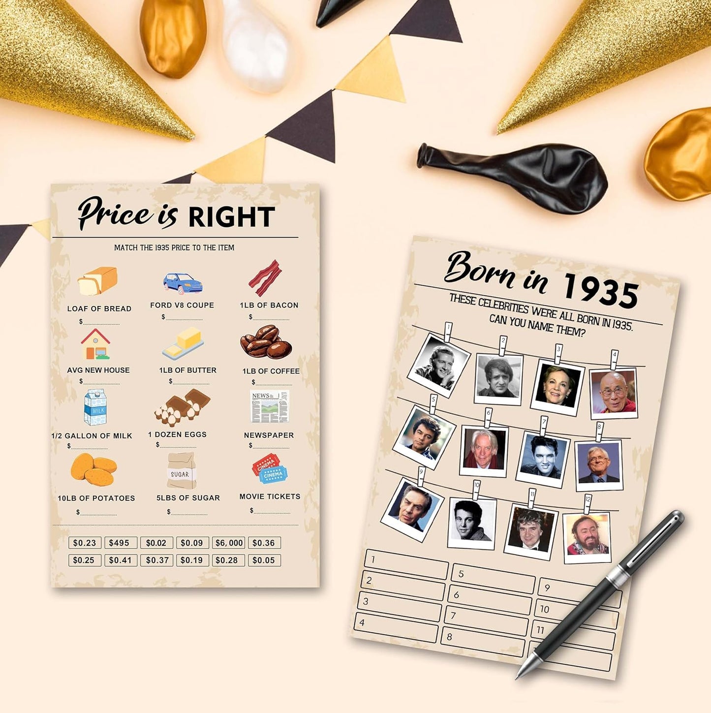 90 th Birthday Party Games, Set of 2 Activities for 15 Guests, Born in 1935 Games Bundle, Birthday Party Supplies for Adults, Pack of 30 Cards