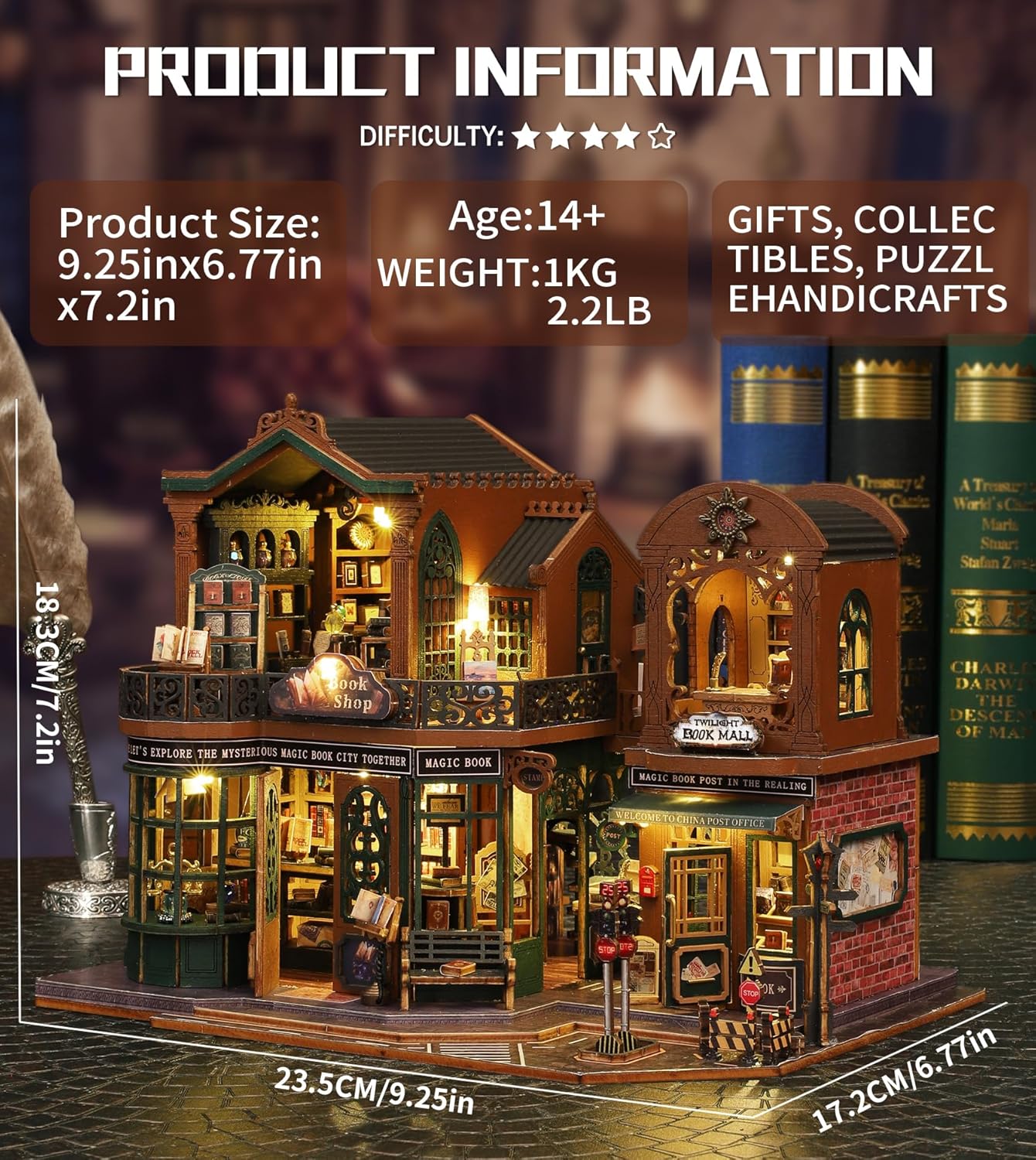 DIY Dollhouse Miniature House Kit,DIY Kit Mini House Model Comes with dust Cover and Music Box, Best Christmas Birthday Gift for Lovers Boys and Girls（Twilight Book City