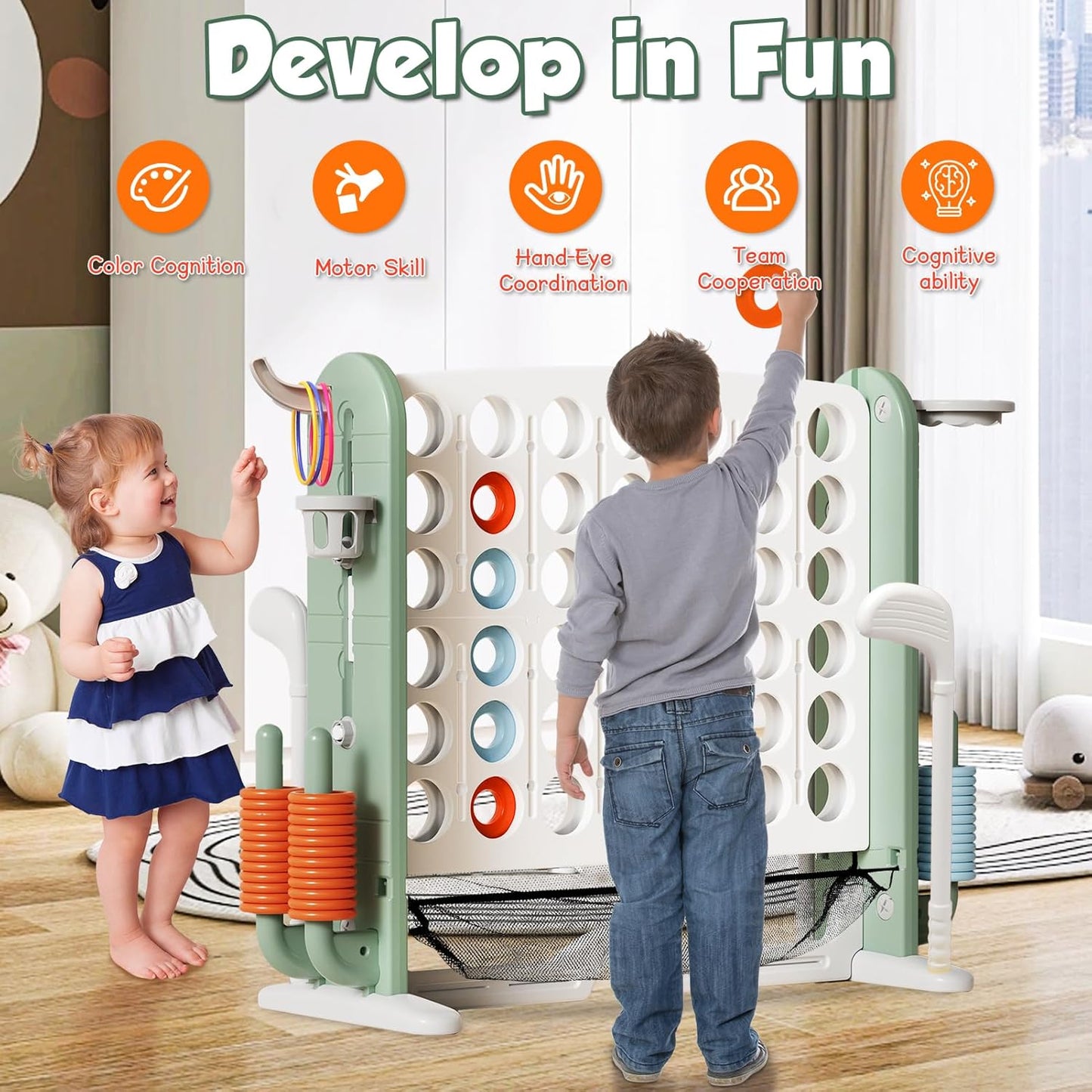 Ancaixin Giant 4 in-A-Row Connect Game Set, Adjustable Height Jumbo Yard Game with Basketball Hoop, Golf, Mesh Pocket & Ring Toss, Indoor Outdoor Family Backyard Party Game for Kids and Adults, White