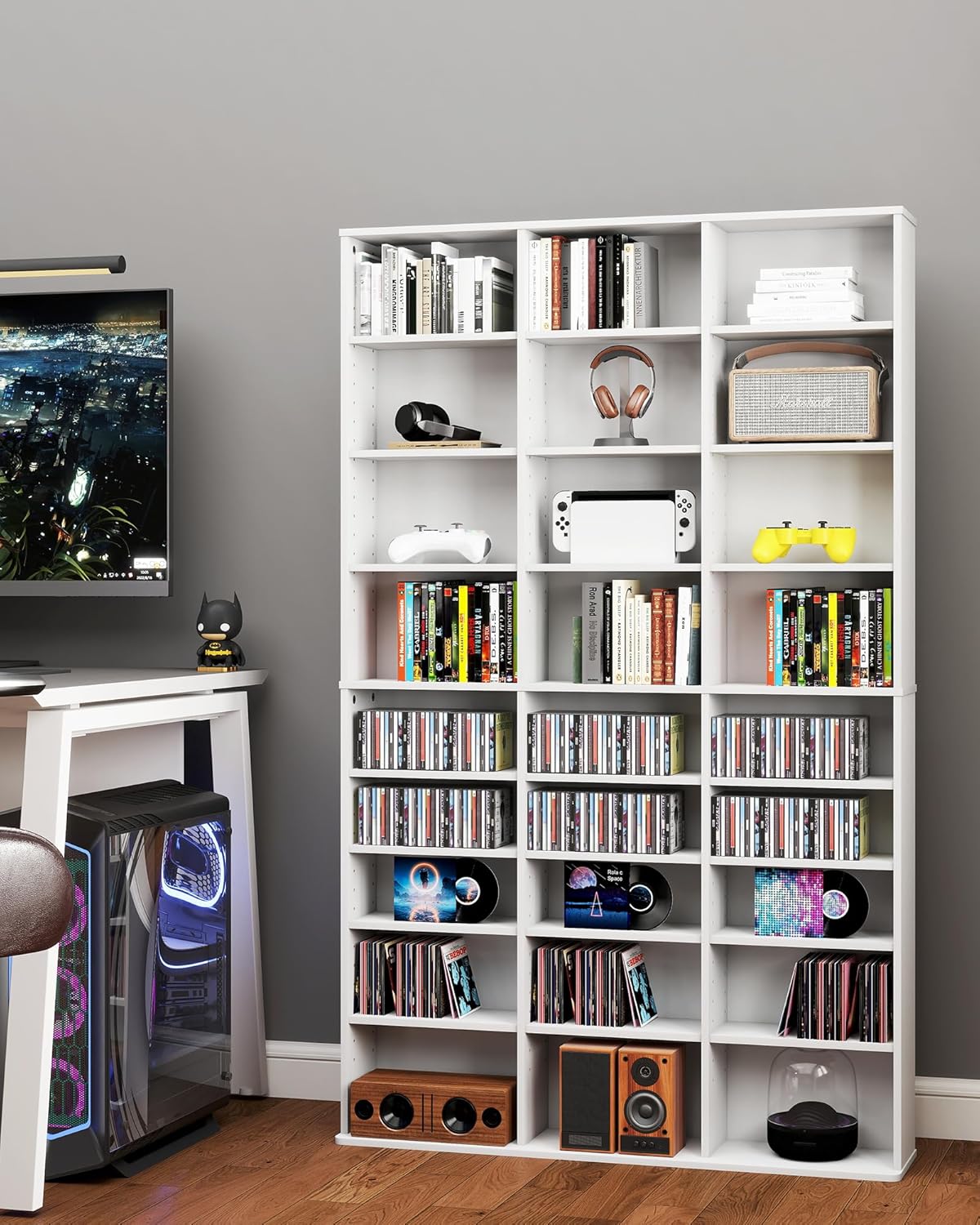 DVD Storage Shelf with Adjustable Shelves, 8-Tier Modern Media Tower for CDs, DVDs, Video Games, DVD Rack Cabinet Organizer for Living Room, Bedroom, Office