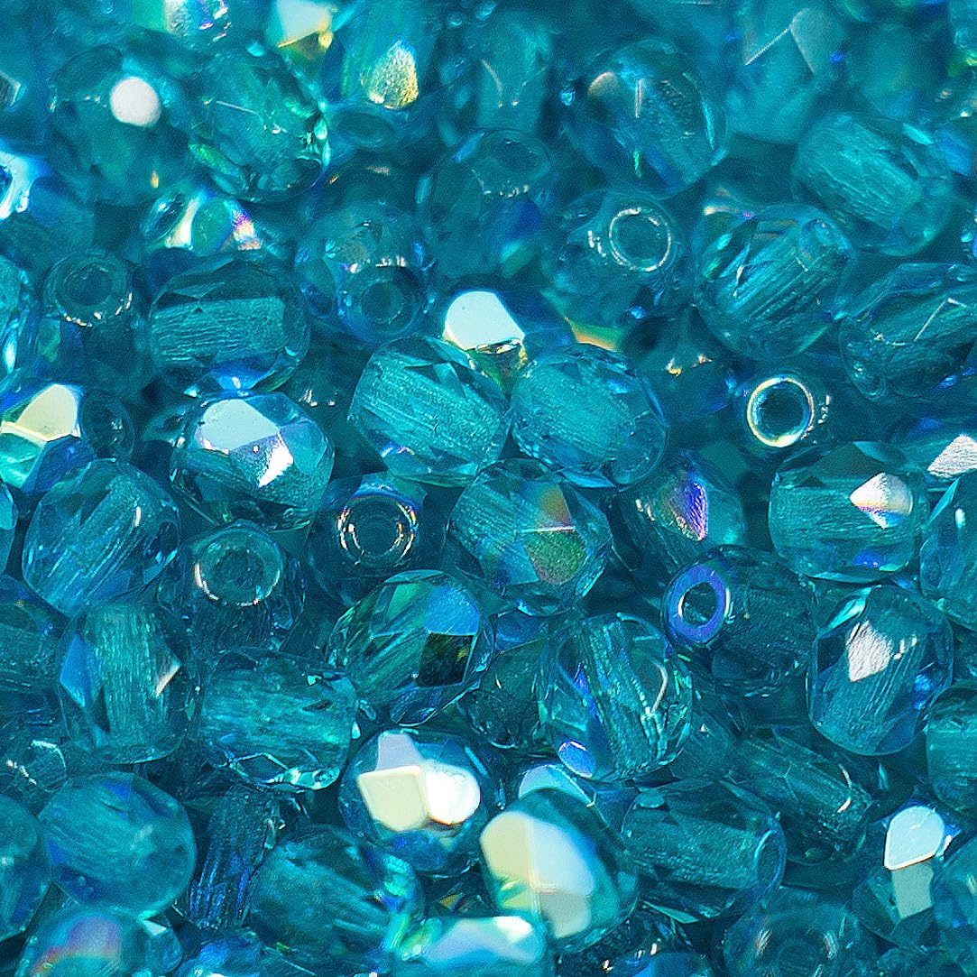 1.8oz (50g, Approx. 600 Beads) Faceted Fire Polished Pressed Czech Glass Beads 4mm (0.16in), Aqua Blue AB 60150 27801