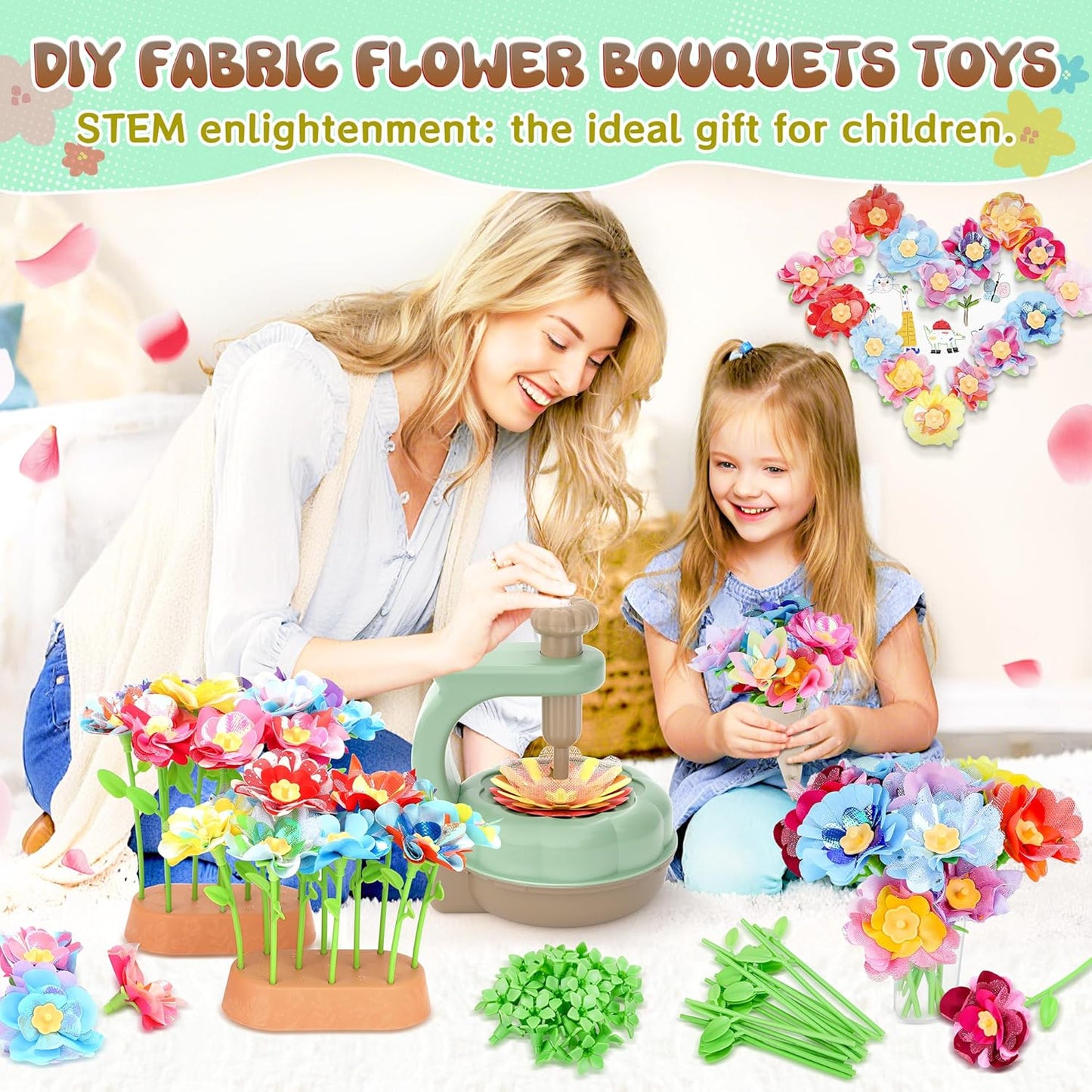 GirlsHome 300+PCS Fabric Flower Bouquets Toys, DIY Flower Crafts Kits for Kids, Arts and Crafts for Kids Ages 6-8 Girls, Build Flower Bouquet, STEM Educational Toy Preschool Gifts (Green Brown)
