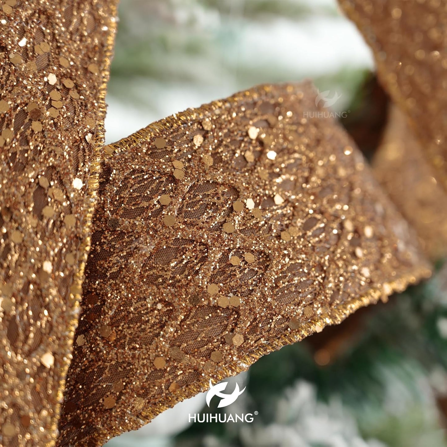 HUIHUANG Glitter Copper Wired Ribbon 2.5 inch Copper Diamond Mesh Wire Edge Ribbon for Christmas Tree, Thanksgiving Fall Decor, Wreaths, Garland, Gift Wrapping, Bows Making -10 Yards