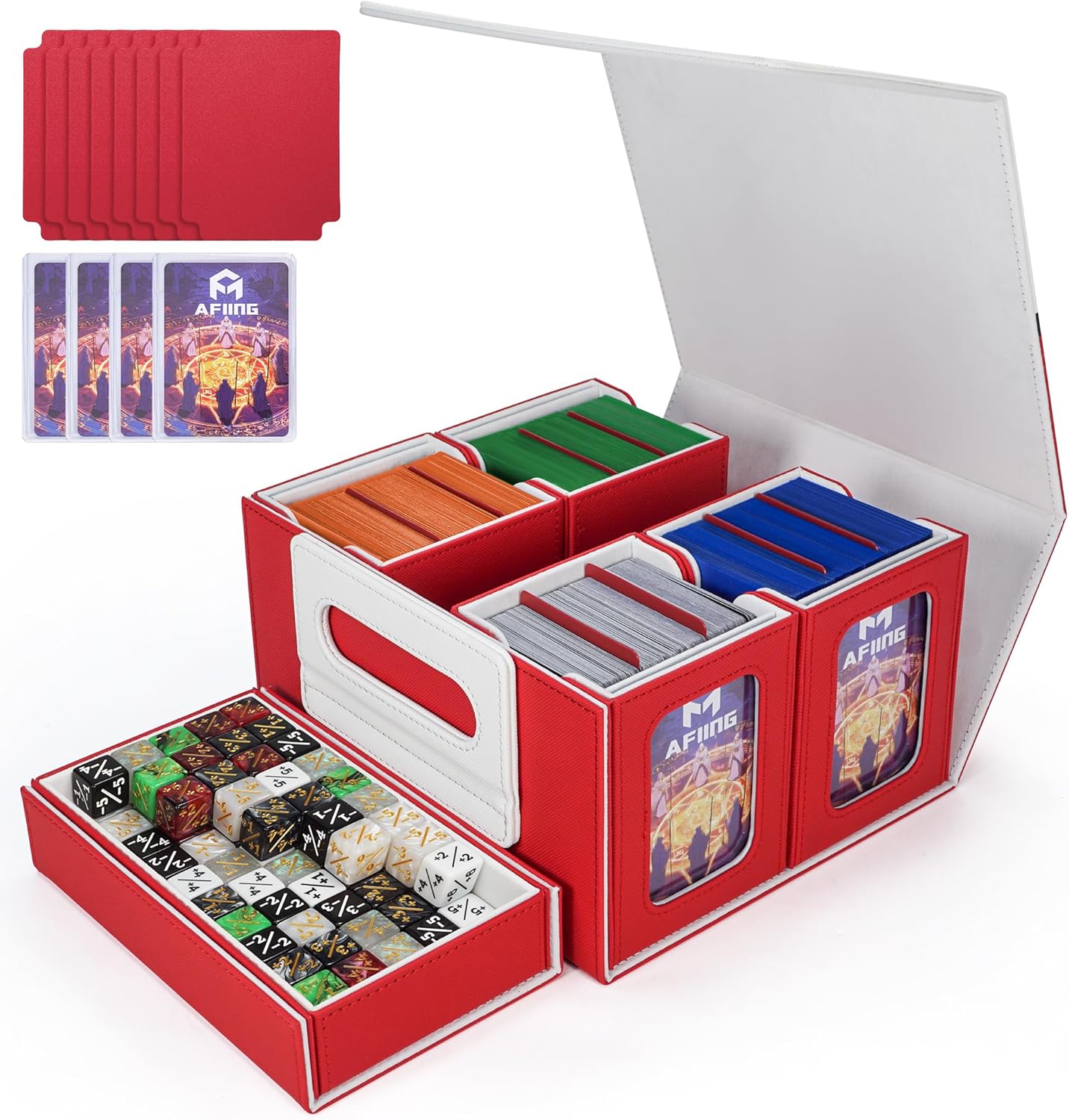 AFIING Commander Deck Box for MTG/EDH, Fits 400+ Double-Sleeved Cards, with Display Window, 4 Removable Deck Cases, Dividers, Dice Tray & Handle, Card Holders for TCG (White Red)