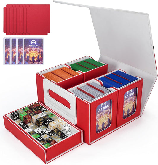 AFIING Commander Deck Box for MTG/EDH, Fits 400+ Double-Sleeved Cards, with Display Window, 4 Removable Deck Cases, Dividers, Dice Tray & Handle, Card Holders for TCG (White Red)