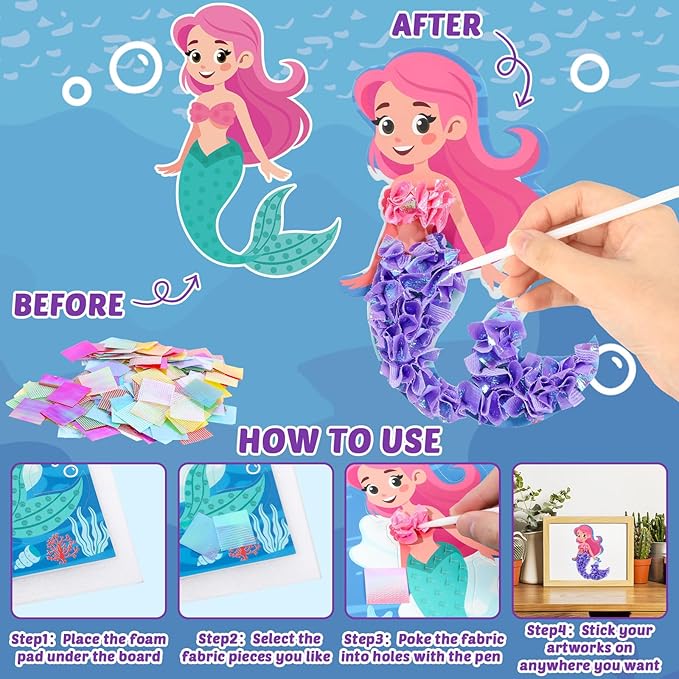 8PCS Poke-in Craft and Art Kit Mermaid Theme No-Mess Fabric Sewing Art Puzzle Puncture Painting DIY Ocean Sea Animals Toy Gifts for Activity Game Birthday Party